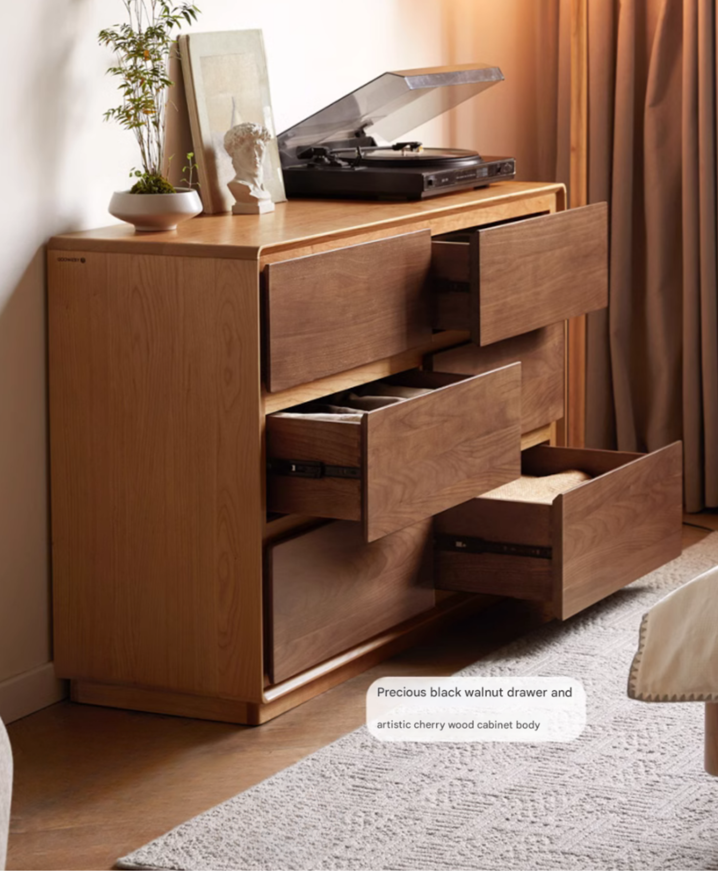 Black Walnut, Cherry Solid Wood Modern Drawer Cabinet.