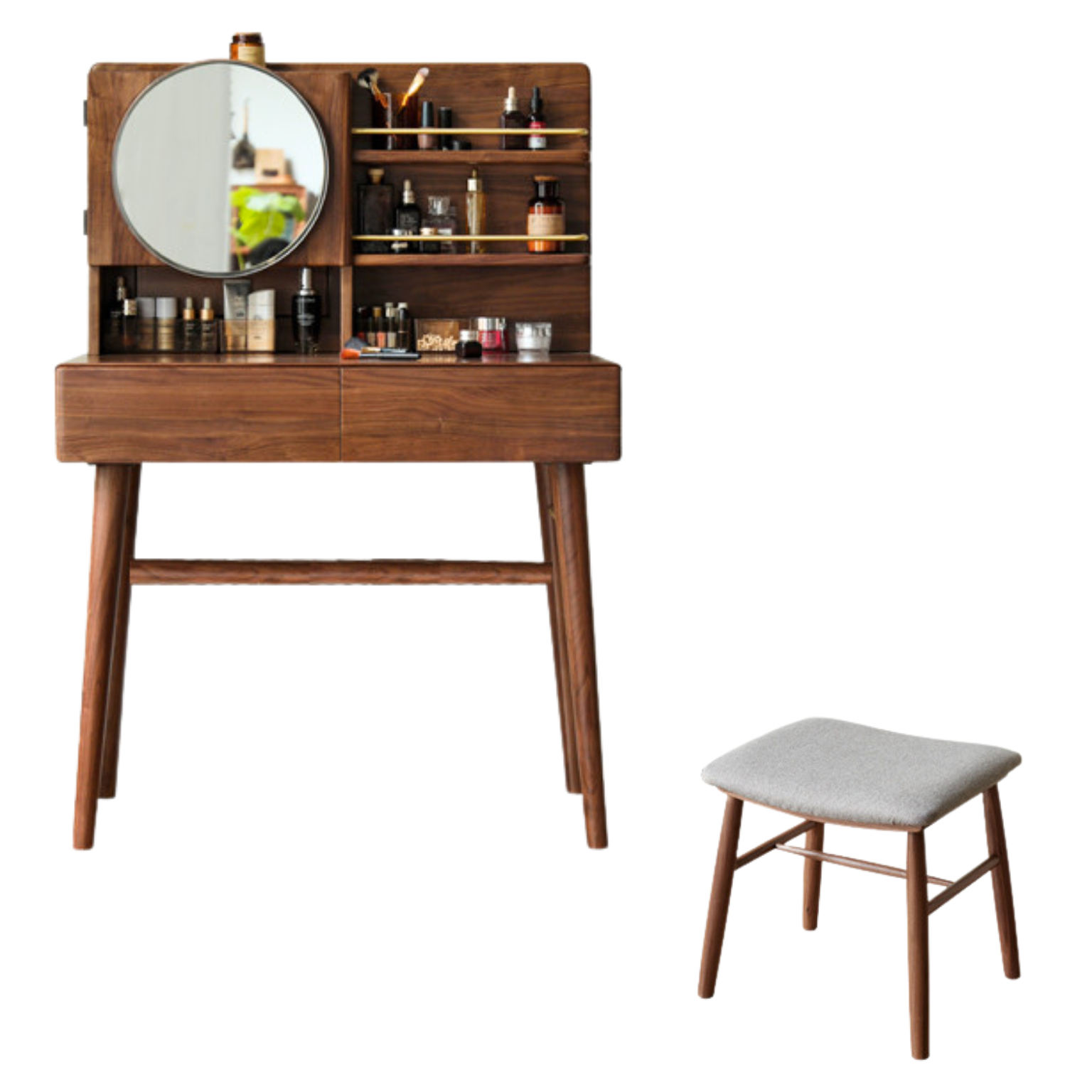 Black Walnut, Sandalwood Solid Wood Moon Makeup Mirror Vanity Table.