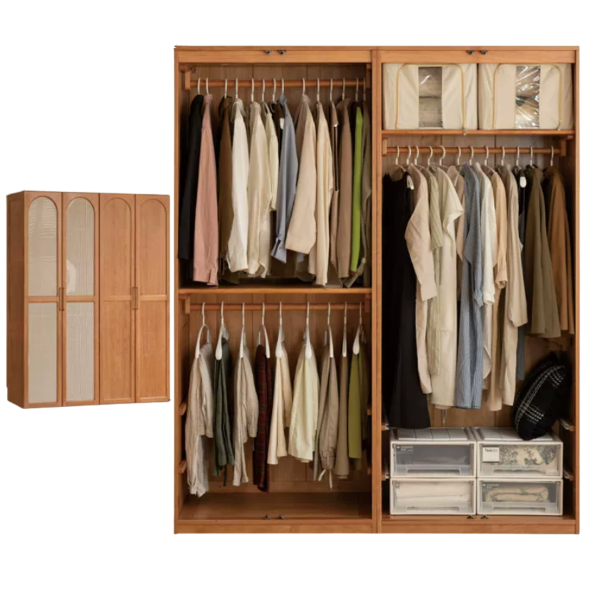 Cherry Solid Wood Wardrobe with Arched Doors and Brass Handles