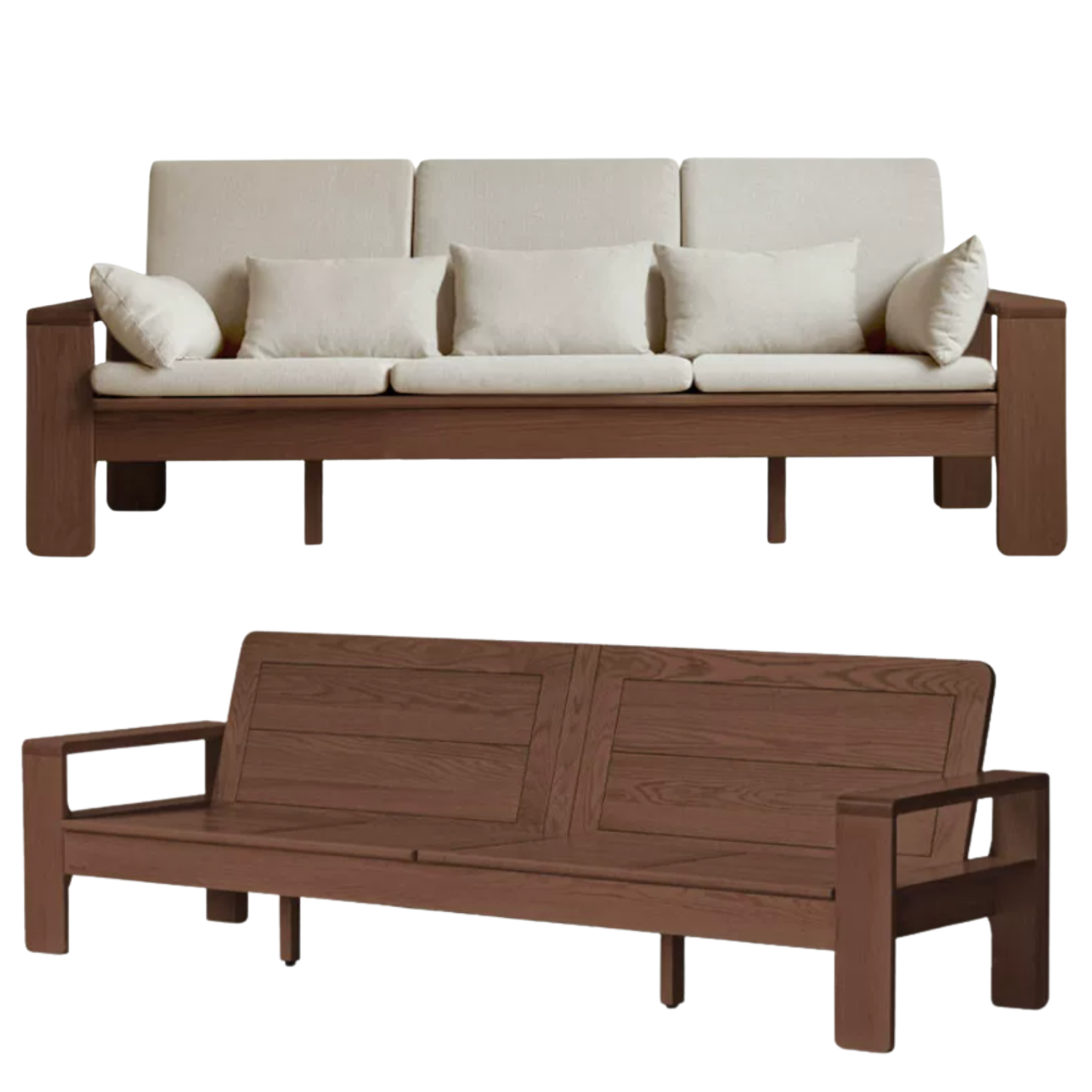 Oak, Rubberwood, Ash solid wood Frame Sofa with Vertical Slat Back and Linen Cushions