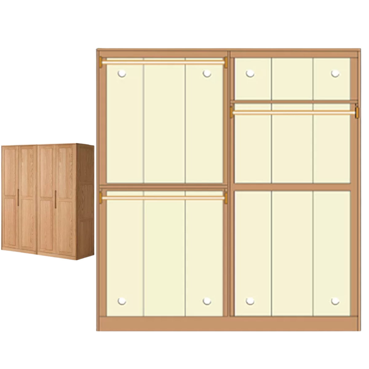 Oak Solid Wood narrow Wardrobe with Framed Panel Doors and Adjustable Layout