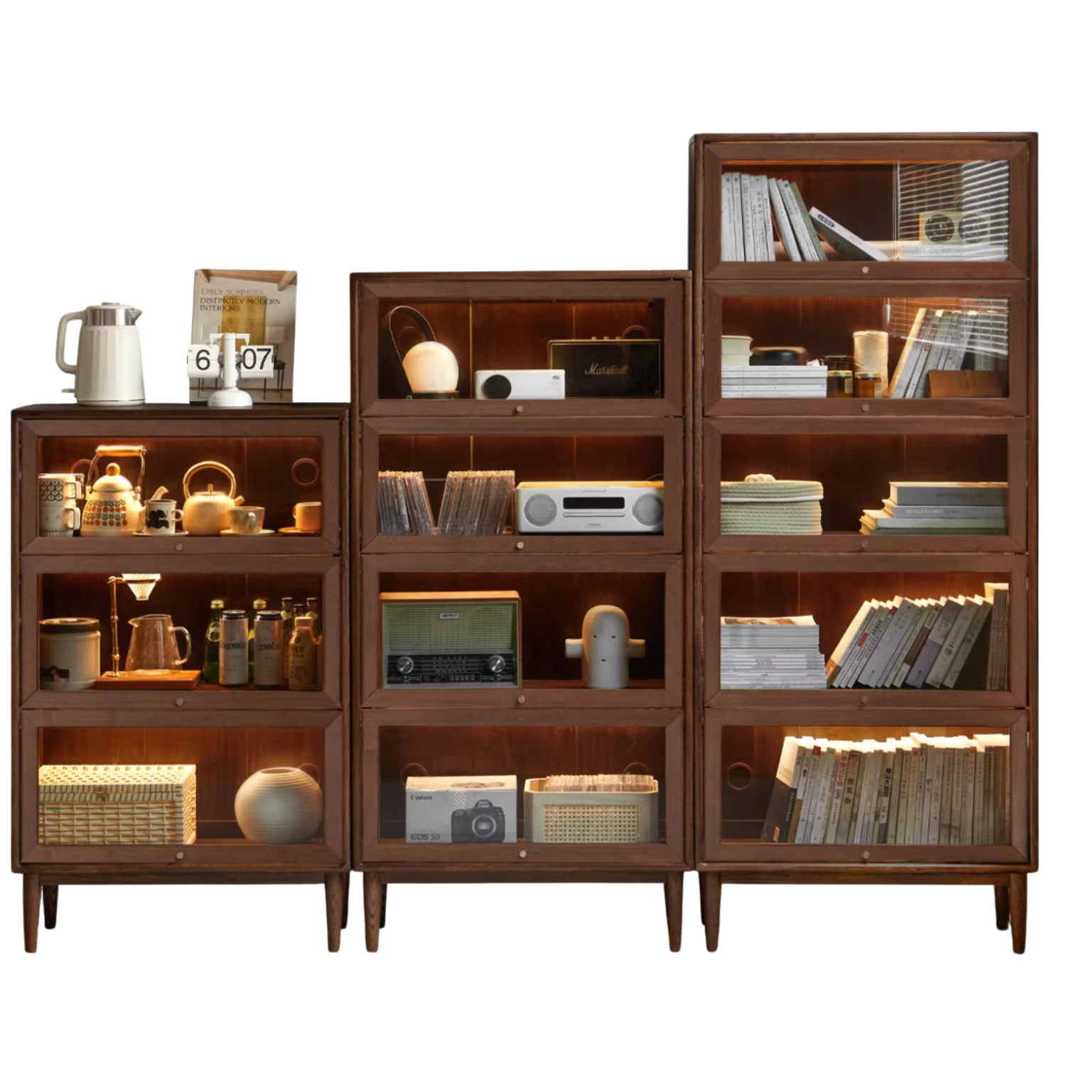 Solid Rubberwood, Black Walnut, Sandalwood, Oak Solid Wood Glass Flip Door Bookcase