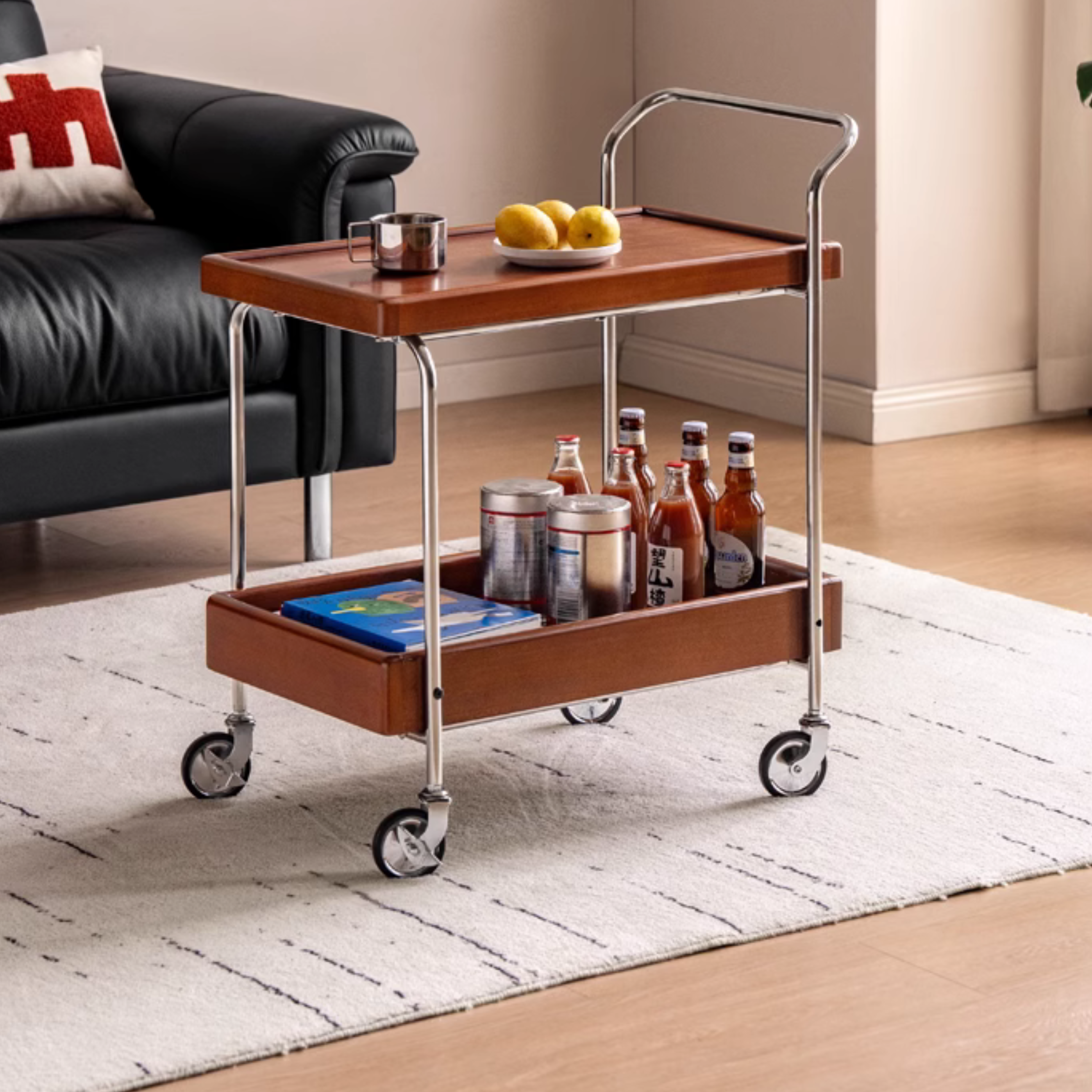 Oak, Poplar Solid Wood Antique Style Double Layer Mobile Side Table