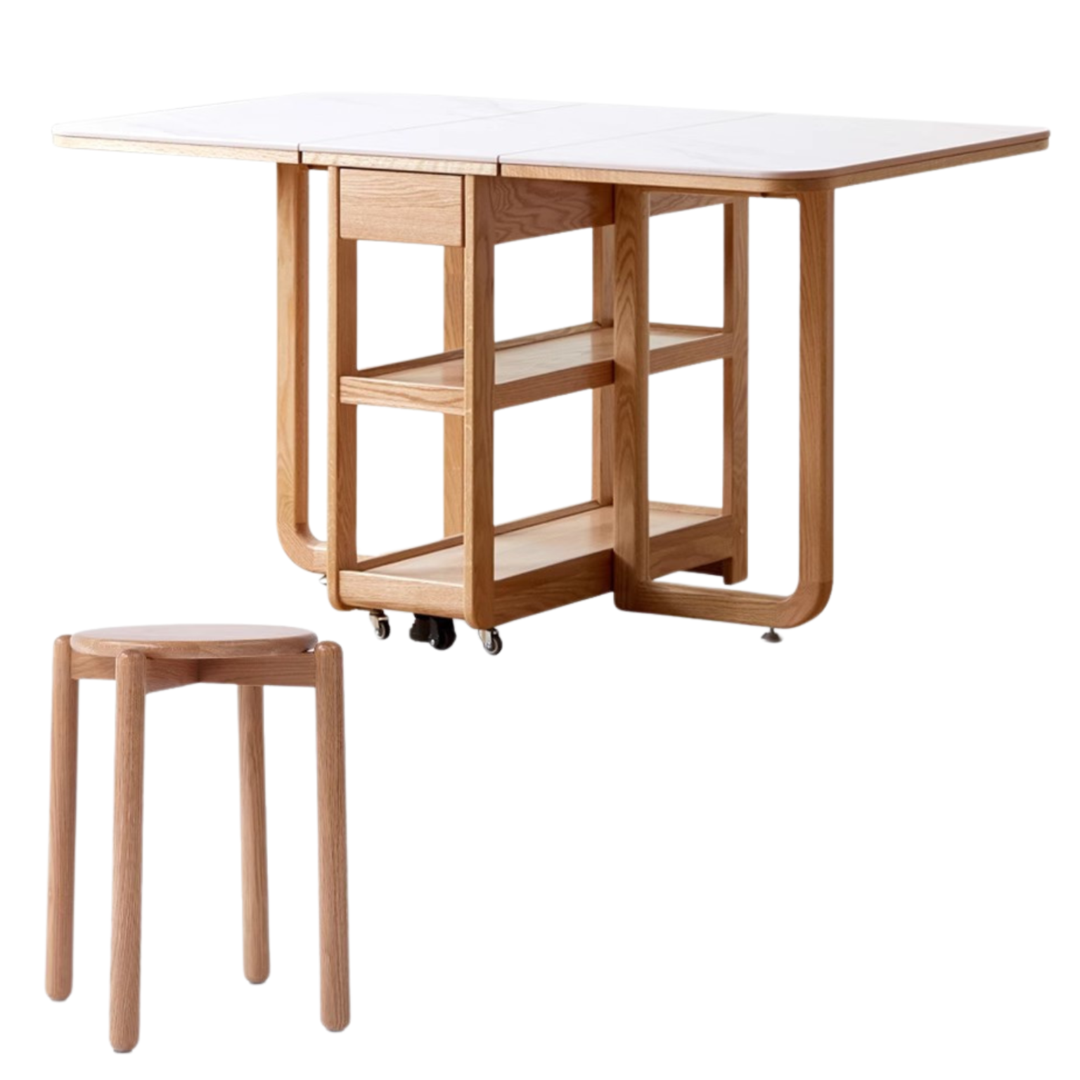Oak Solid Wood Folding Multi-Functional Storage Telescopic Dining Table