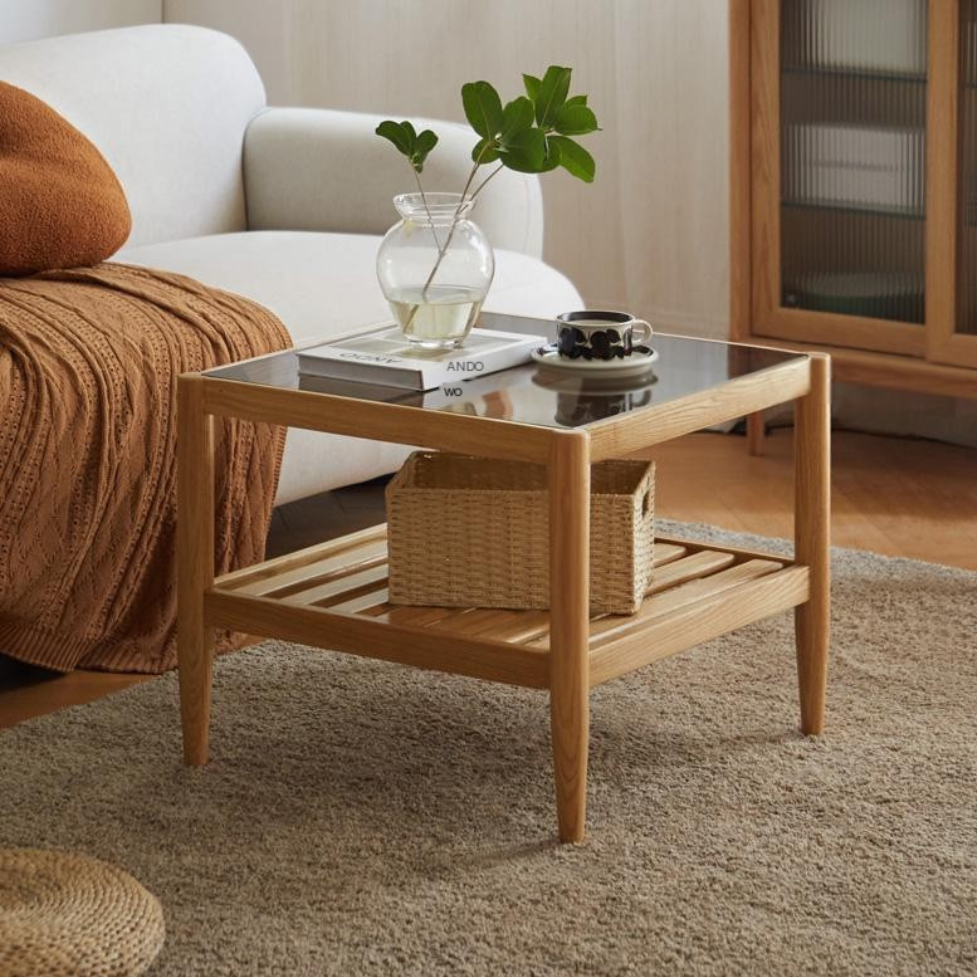 Oak Solid Wood Nordic Glass Coffee Table