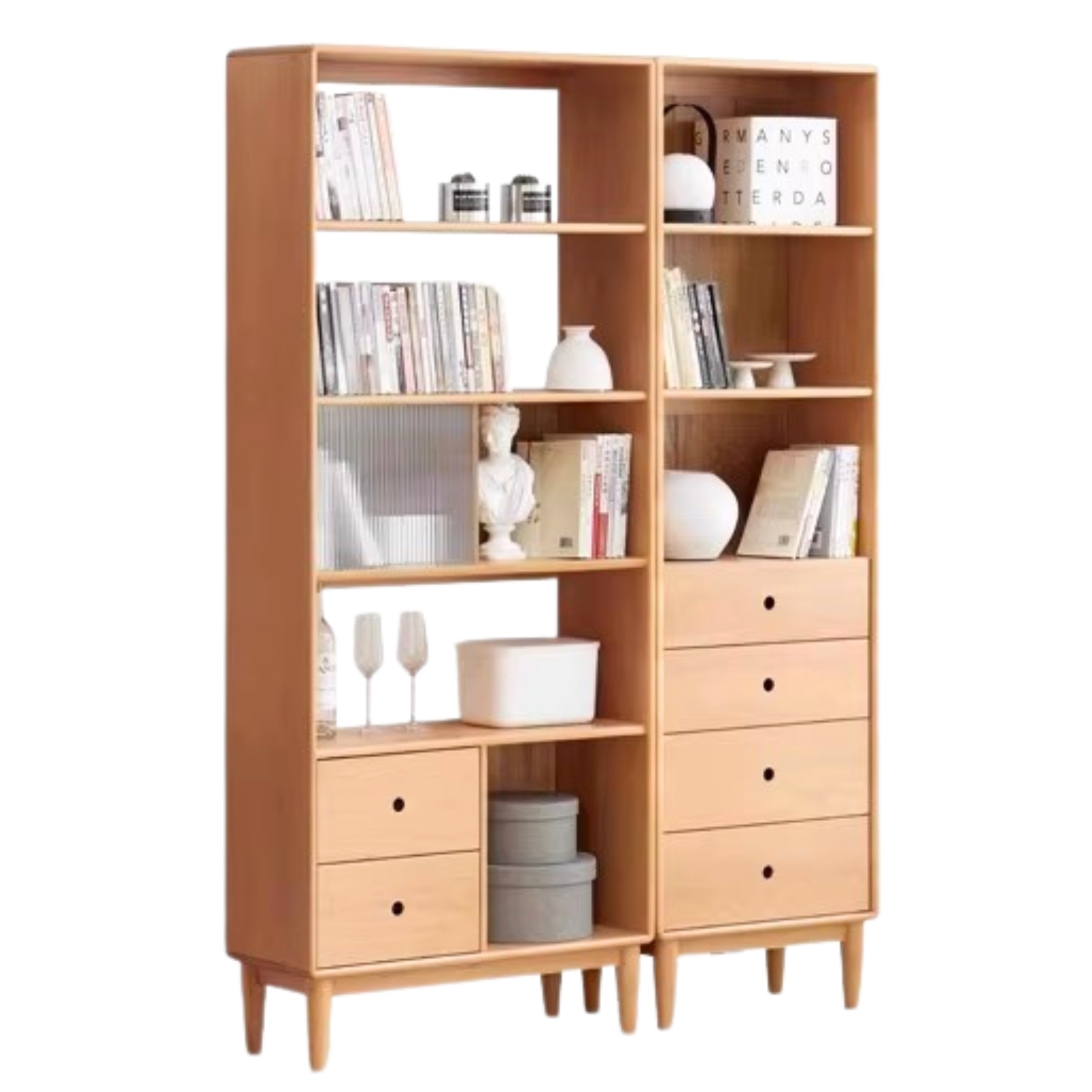 Beech Solid Wood Bookcase with Spacious Cabinet Storage