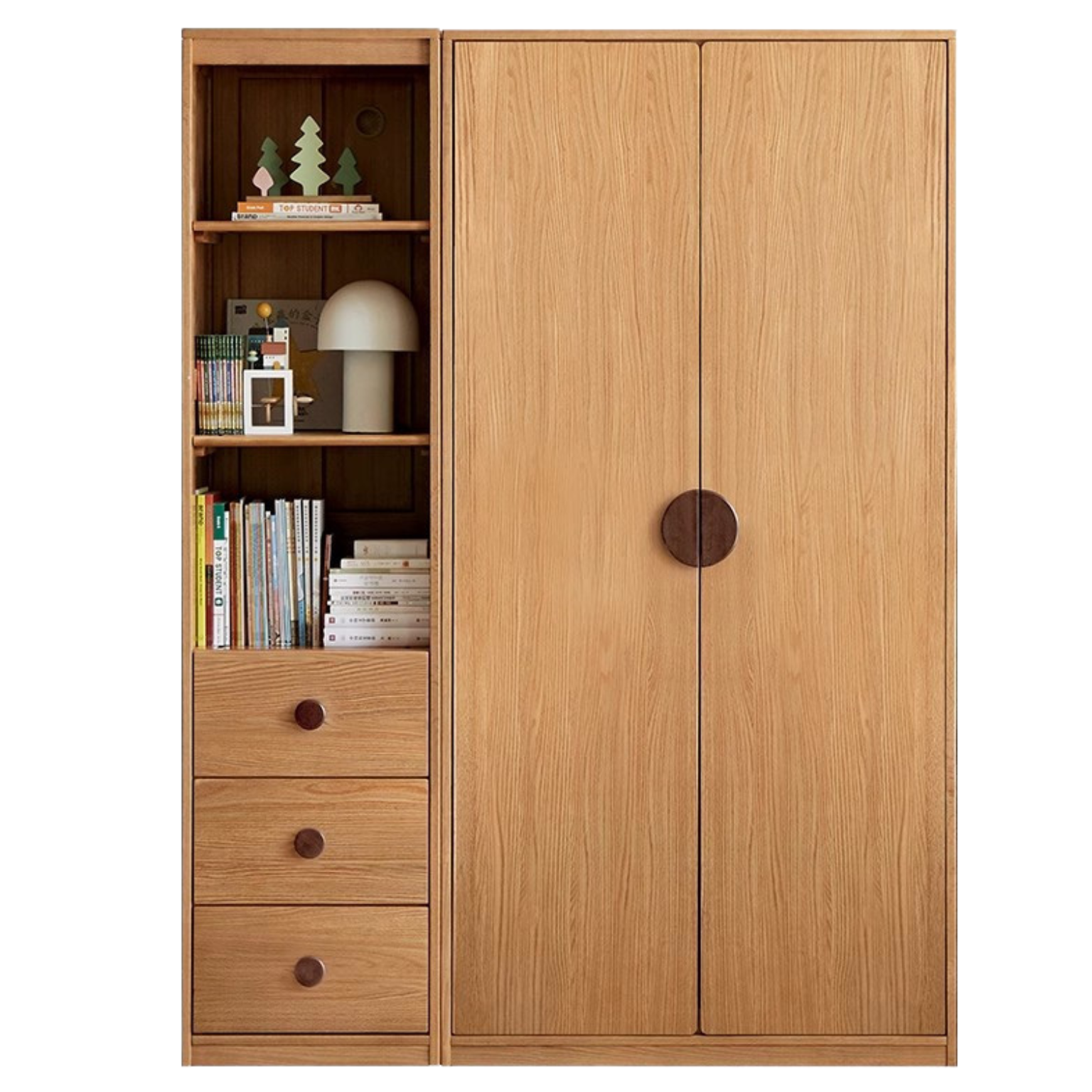Oak Solid Wood Children's Wardrobe, Bookcase Combination