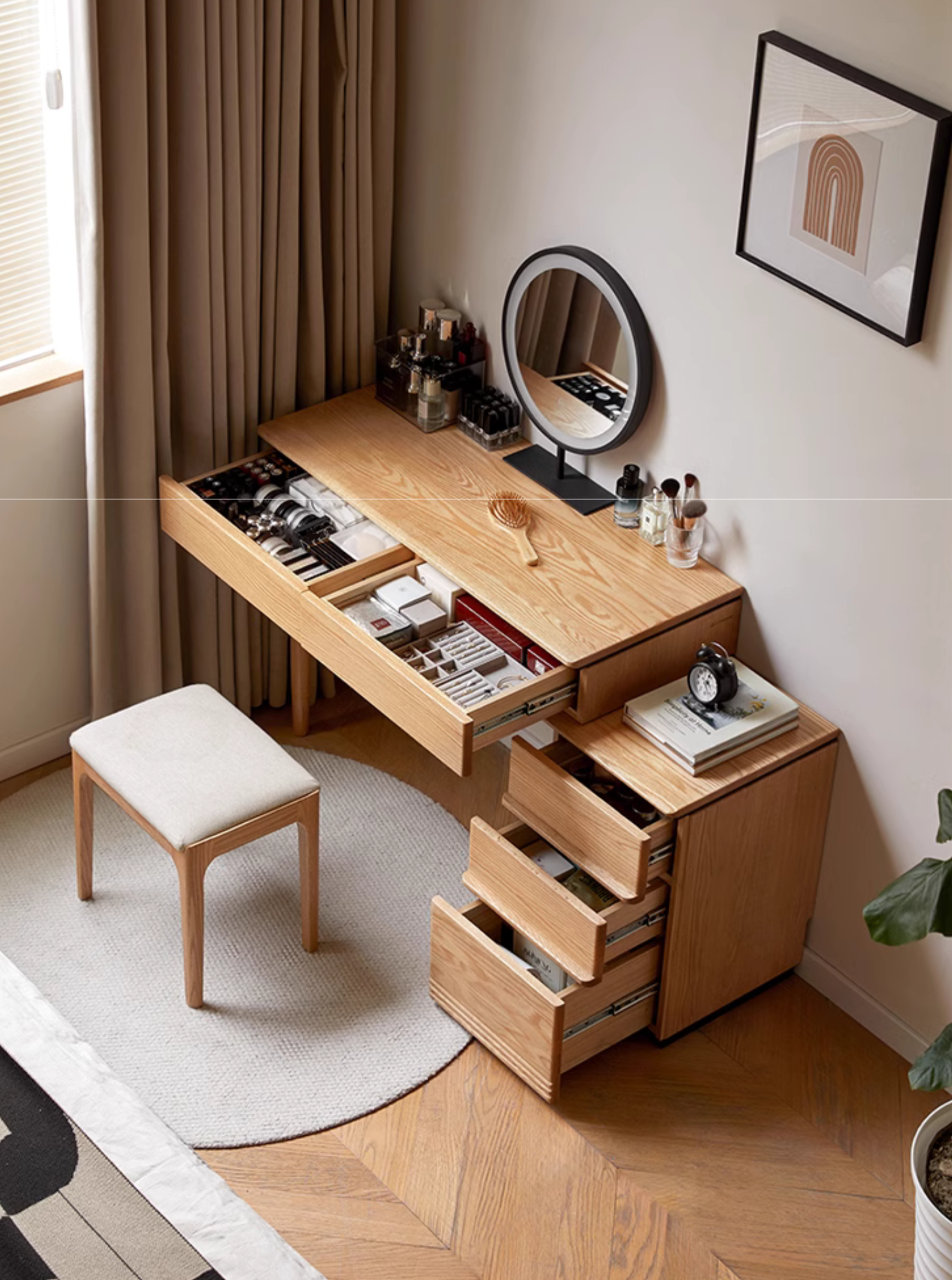 Oak Solid Wood Modern Retractable Vanity Table.