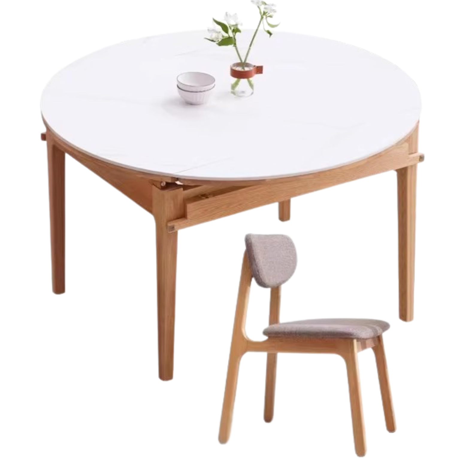 Oak, Solid Rubberwood Round Folding Dining Table With Rock Slab Surface
