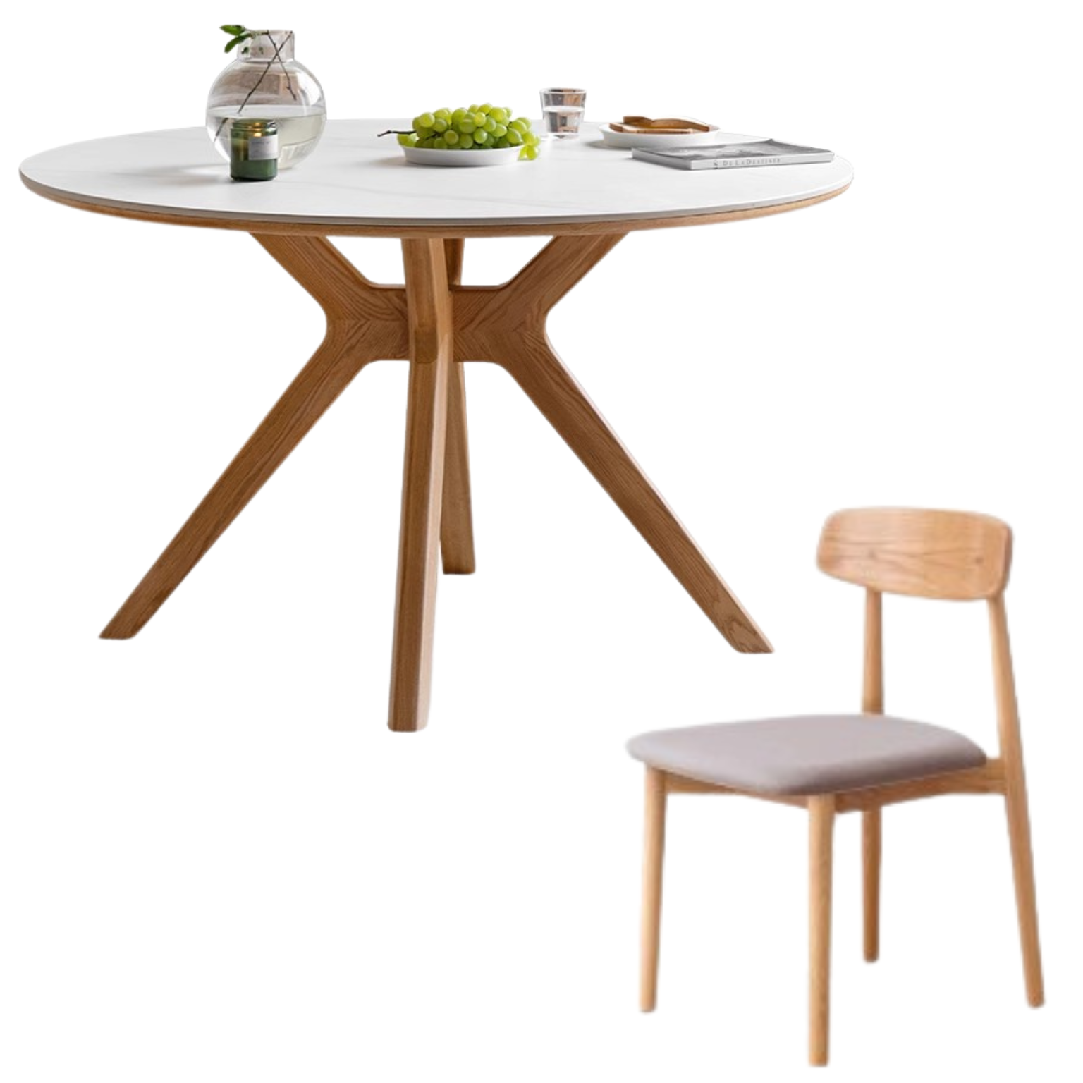 Oak Solid Wood Round Nordic Dining Table With Rock Slab Surface