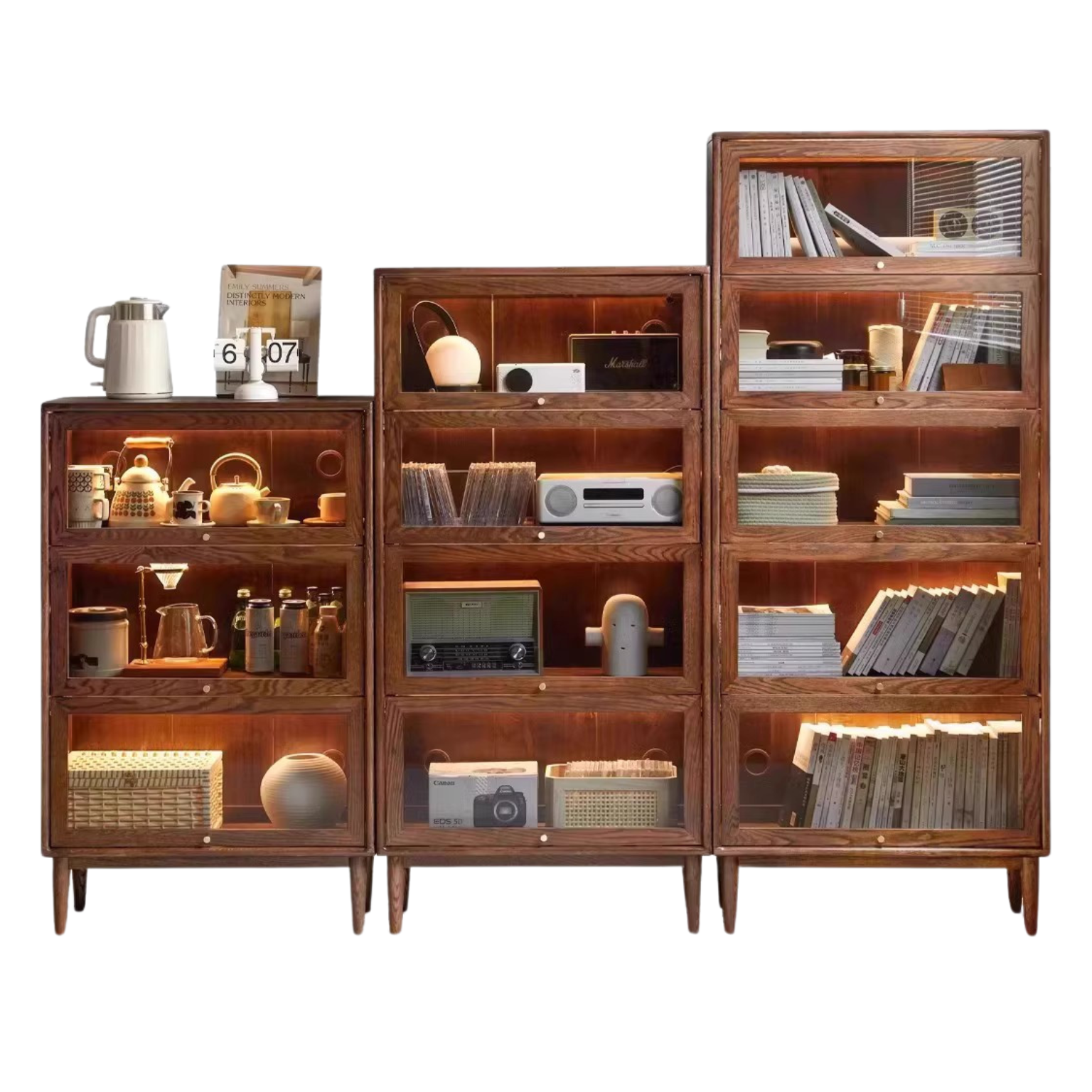 Black Walnut, Oak Solid Wood Glass Flip Door Bookcase, Side Cabinet