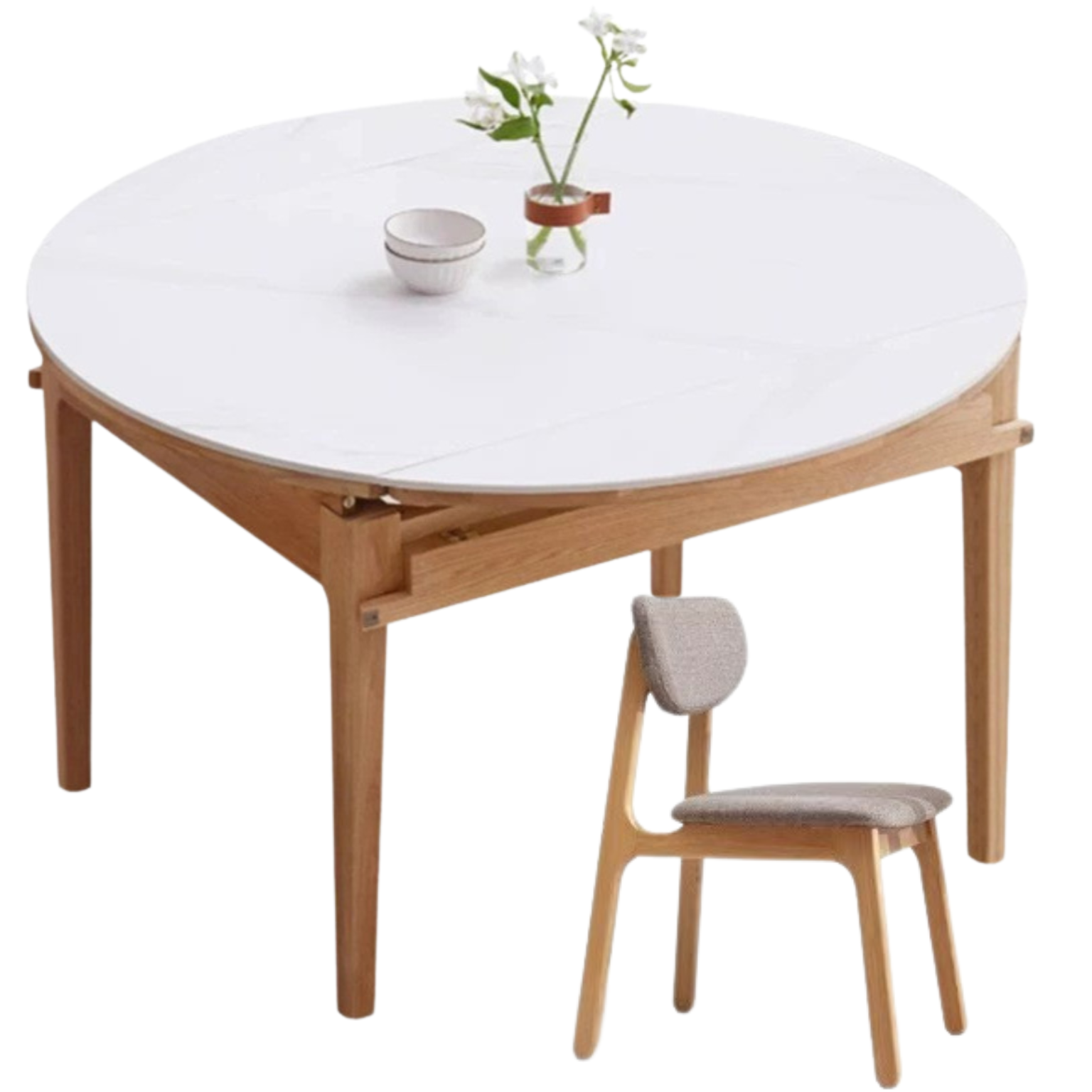 Solid Rubberwood, Oak Solid Wood Folding Round Retractable Dining Table