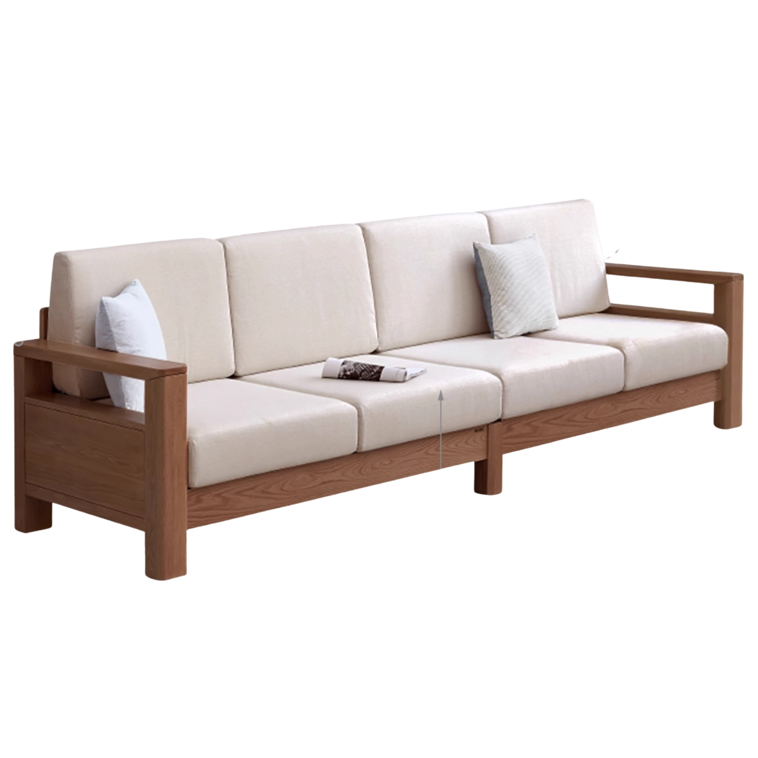 Oak, Solid Rubberwood Walnut Color Fabric Sofa.