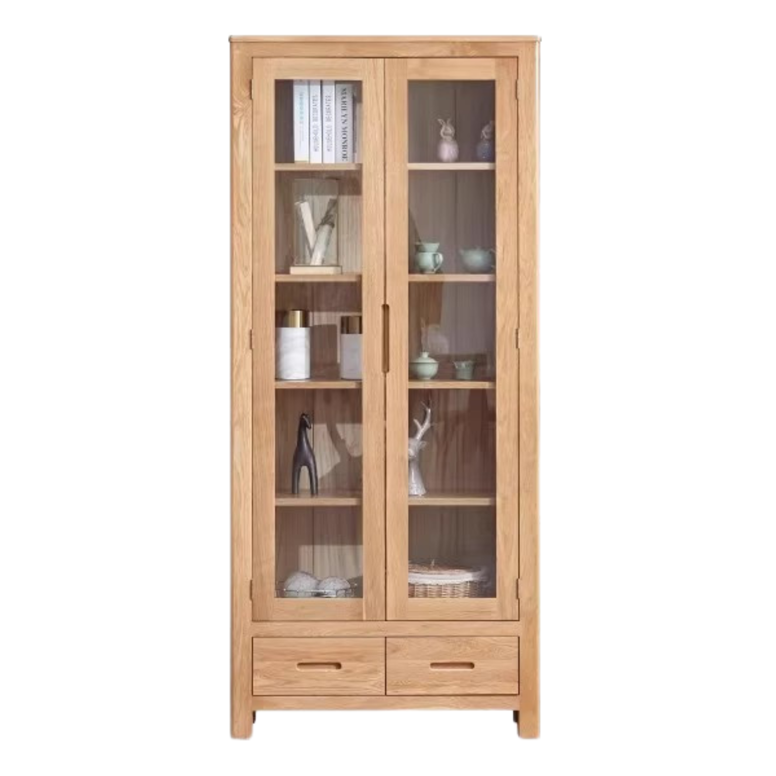 Oak, Solid Rubberwood Modern Bookcase with Glass Door Display Cabinet