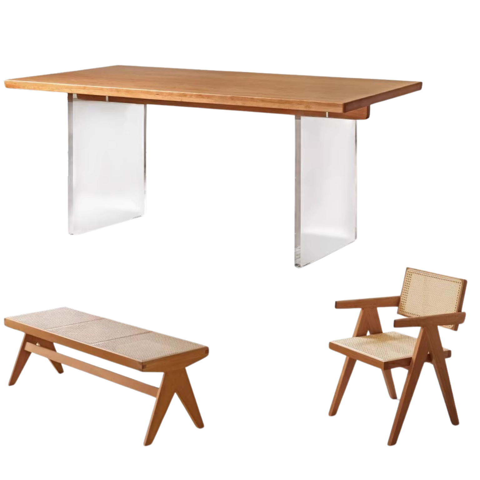 Oak, Cherry Solid Wood Acrylic Suspended Dining Table