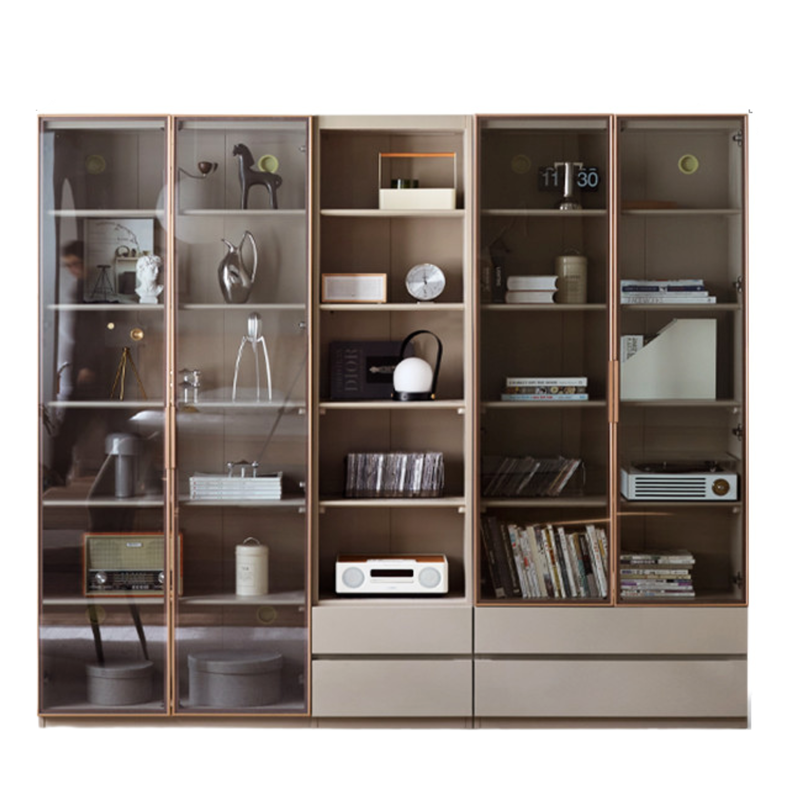 Solid RubberWood Combination Bookcase, Glass Door Cabinet