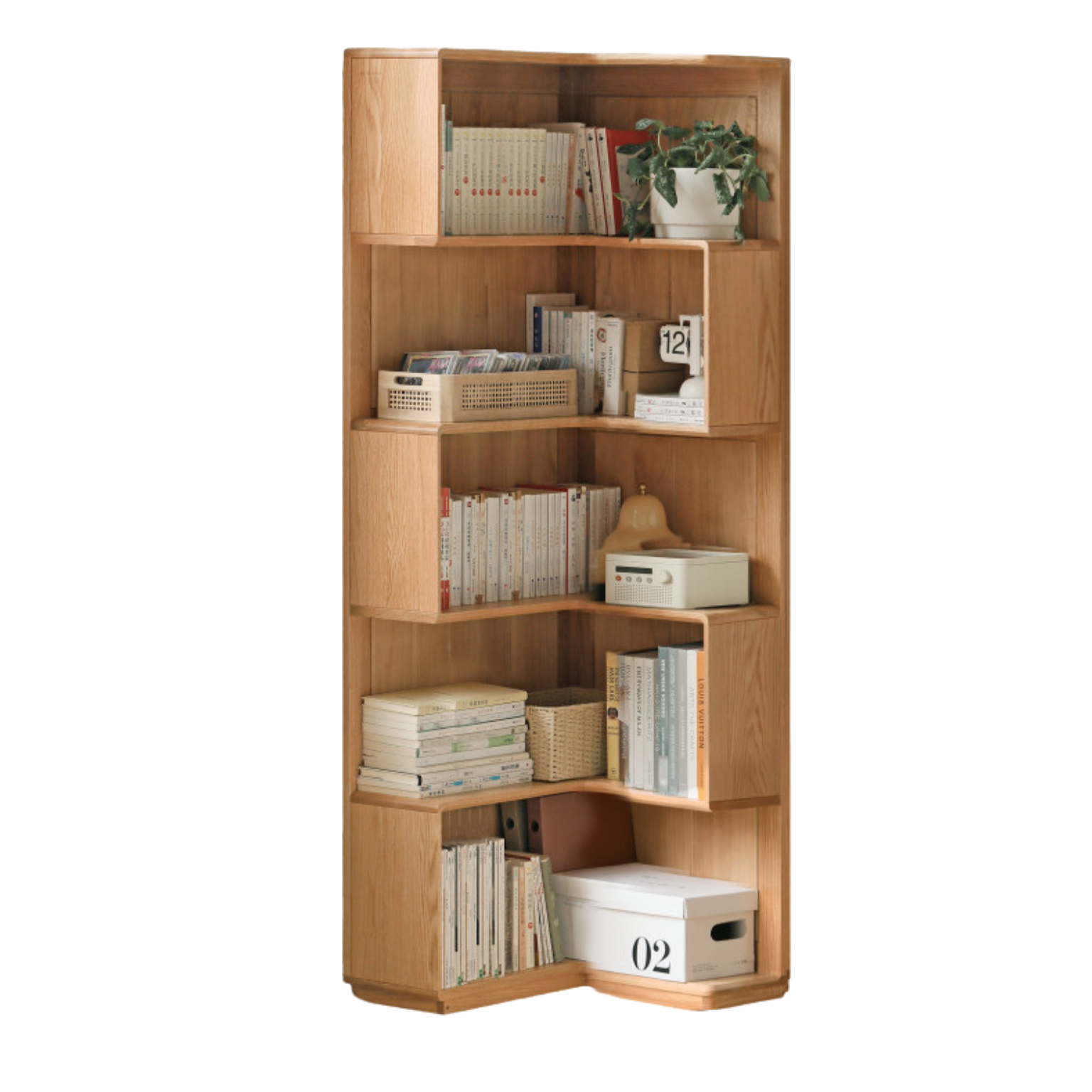 Oak Solid Wood Corner Bookshelf with Floor-Standing Storage Cabinet
