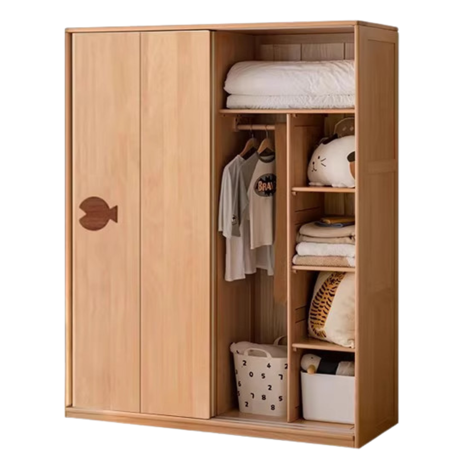 Oak Solid Wood Children's Sliding Door Wardrobe Storage Cabinet