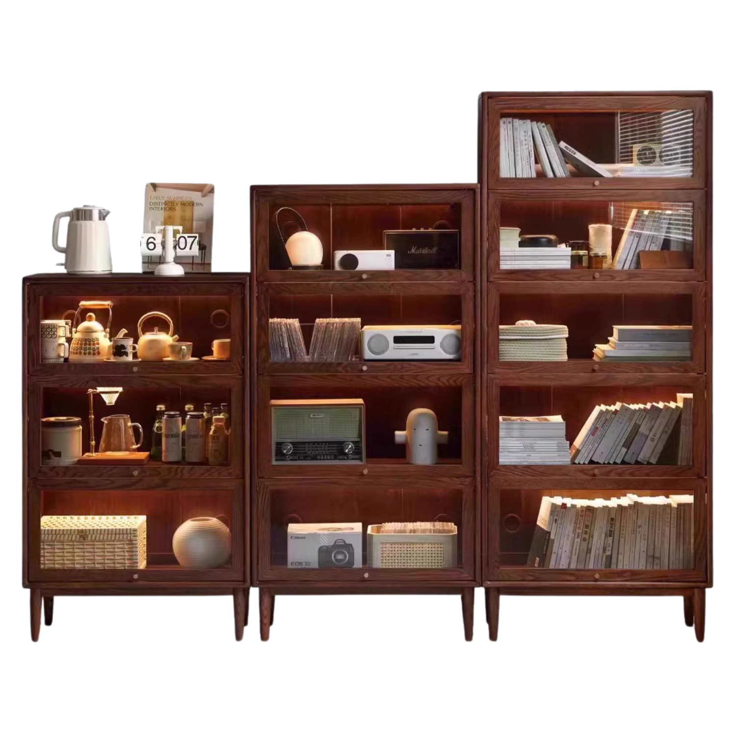 Black Walnut, Oak Solid Wood Glass Flip Door Bookcase, Side Cabinet
