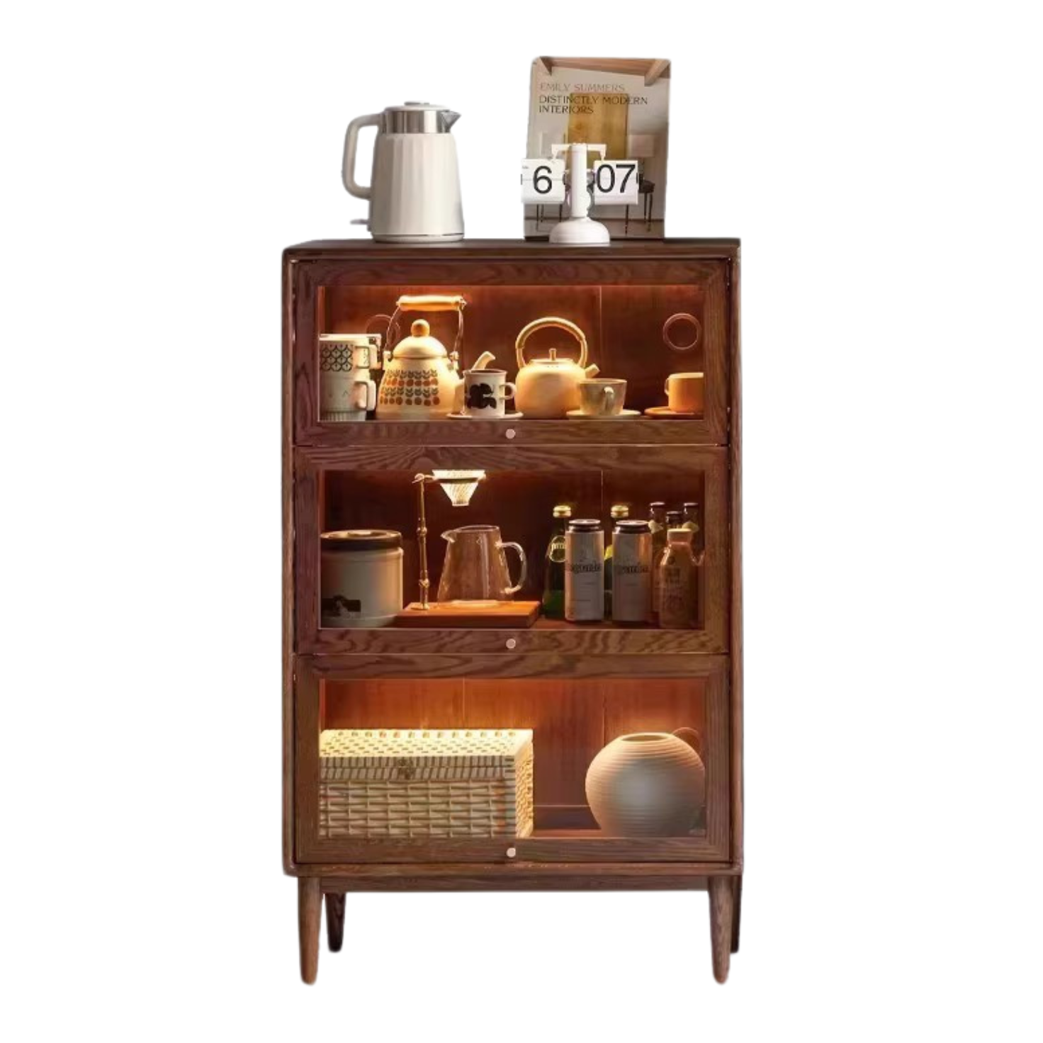 Black Walnut, Oak Solid Wood Glass Flip Door Bookcase, Side Cabinet