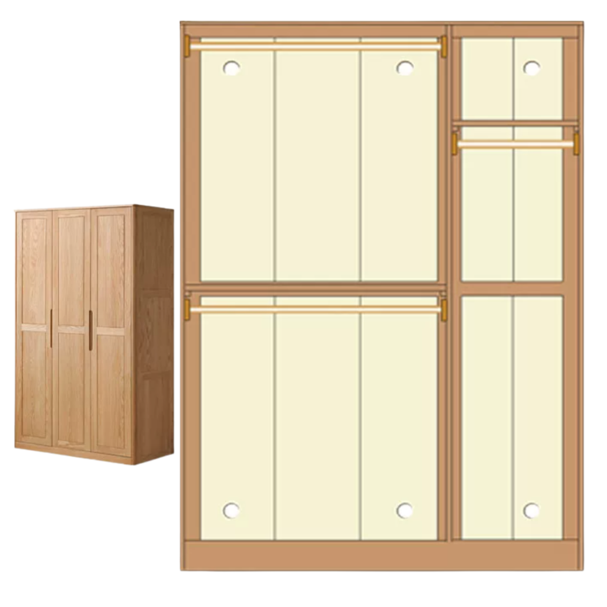 Oak Solid Wood narrow Wardrobe with Framed Panel Doors and Adjustable Layout