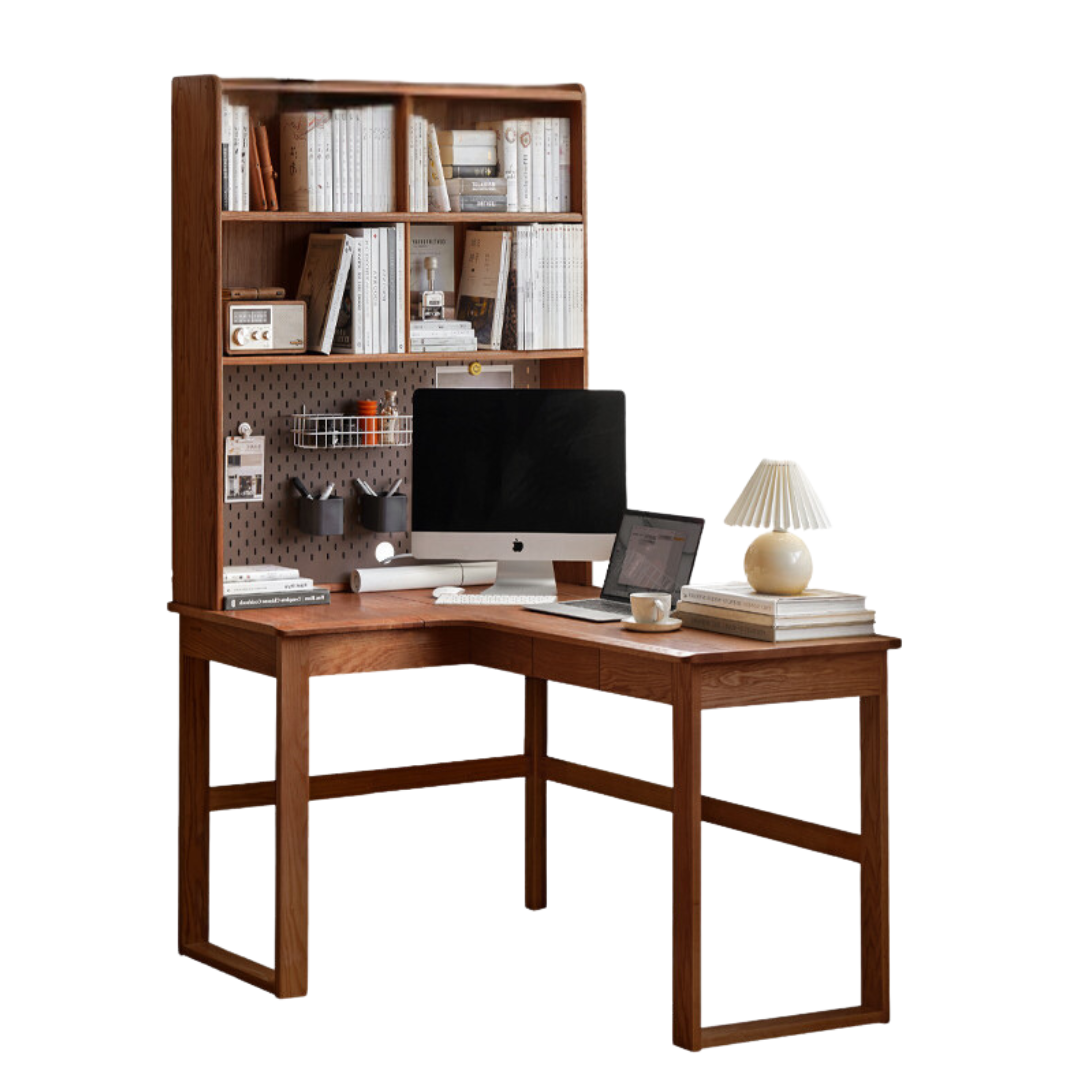 Oak Solid Wood Corner Desk Bookshelf