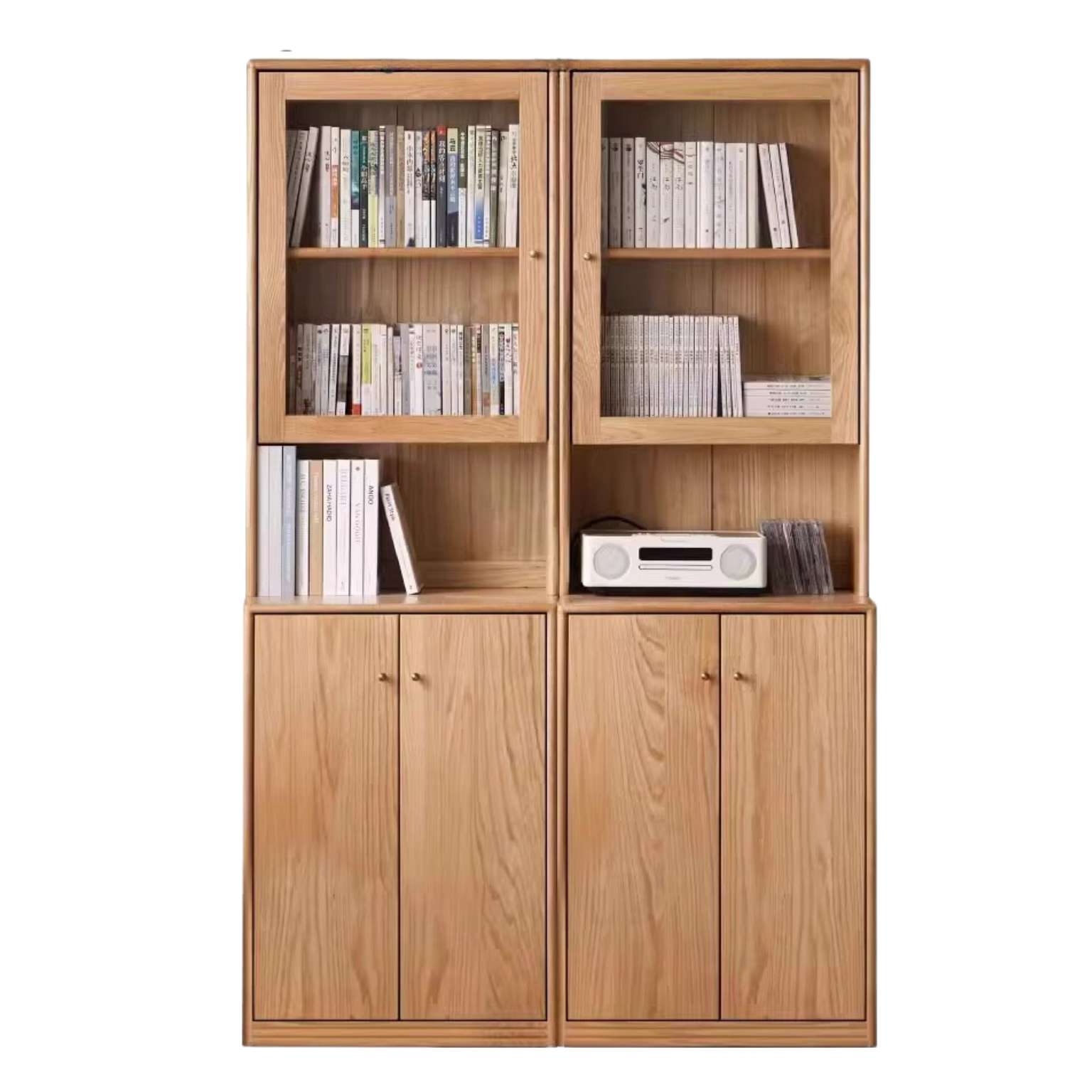 Oak Solid Wood Floor-To-Ceiling Combination Bookshelf, Glass Bookcase