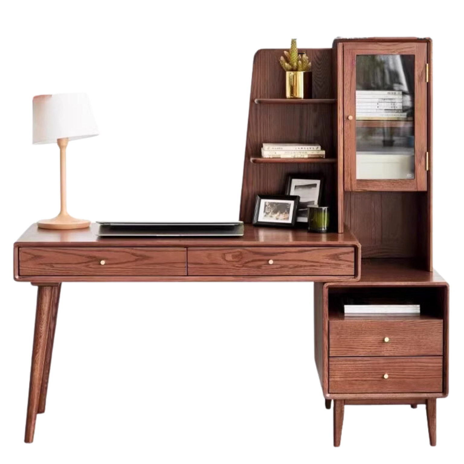 Oak Solid Wood Bookshelf and Office Desk Combination