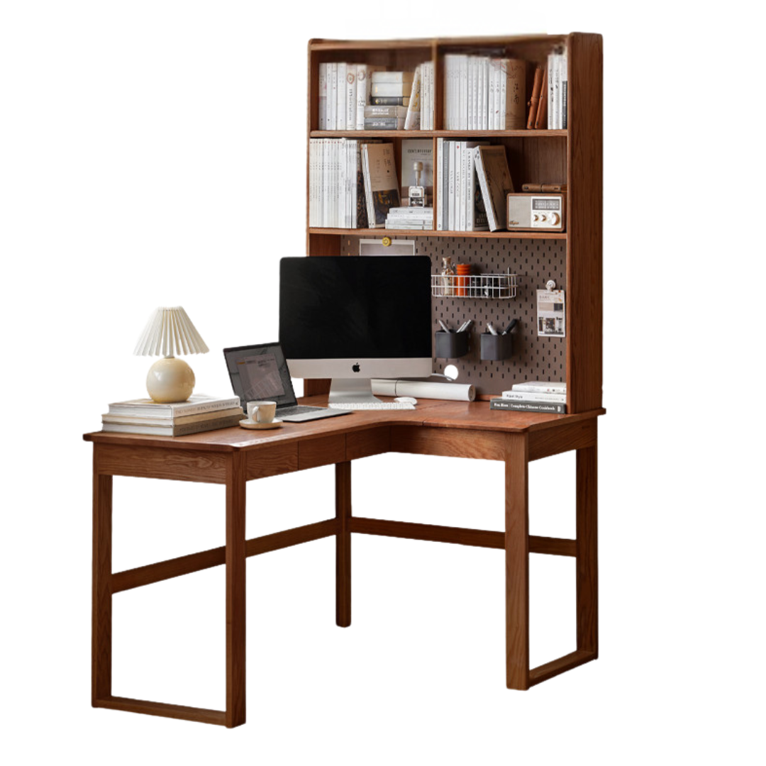 Oak Solid Wood Corner Desk Bookshelf