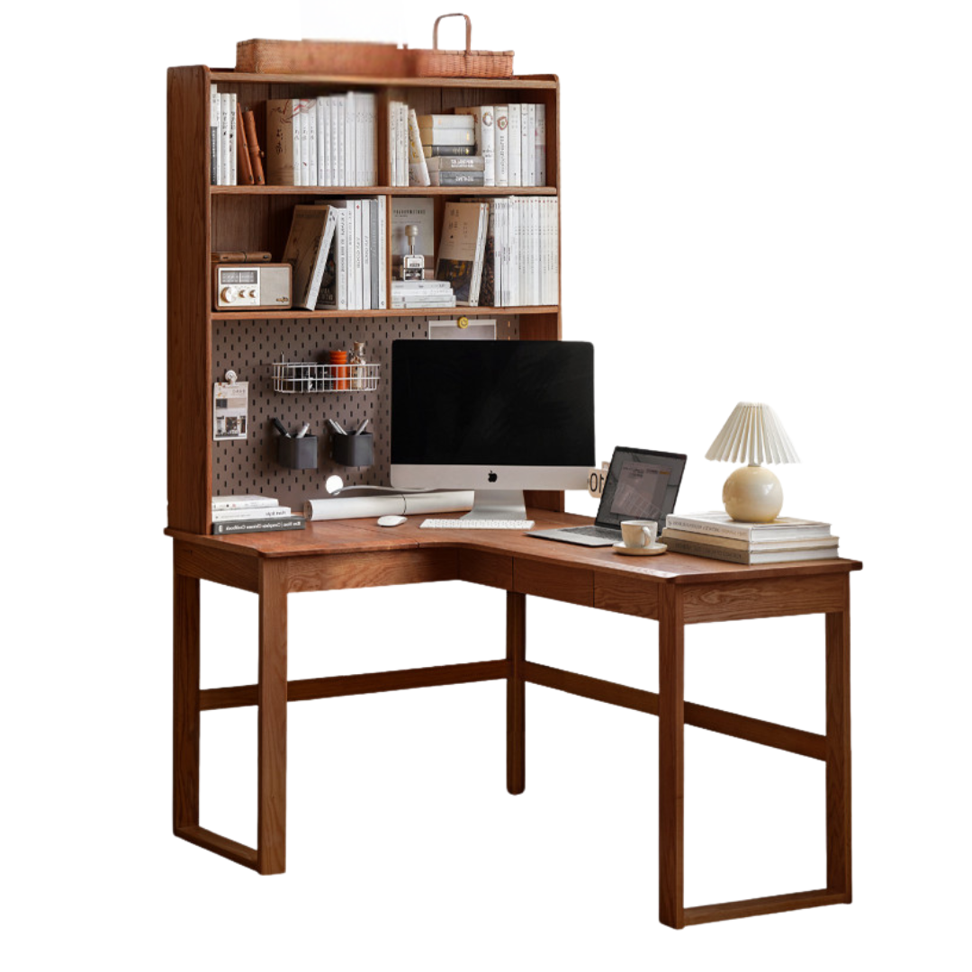 Oak Solid Wood Corner Desk Bookshelf