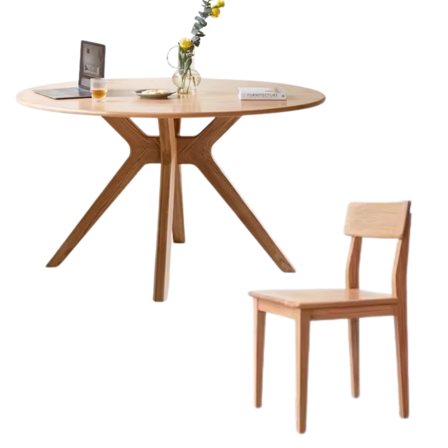 Oak Solid Wood Round Nordic Dining Table With Rock Slab Surface