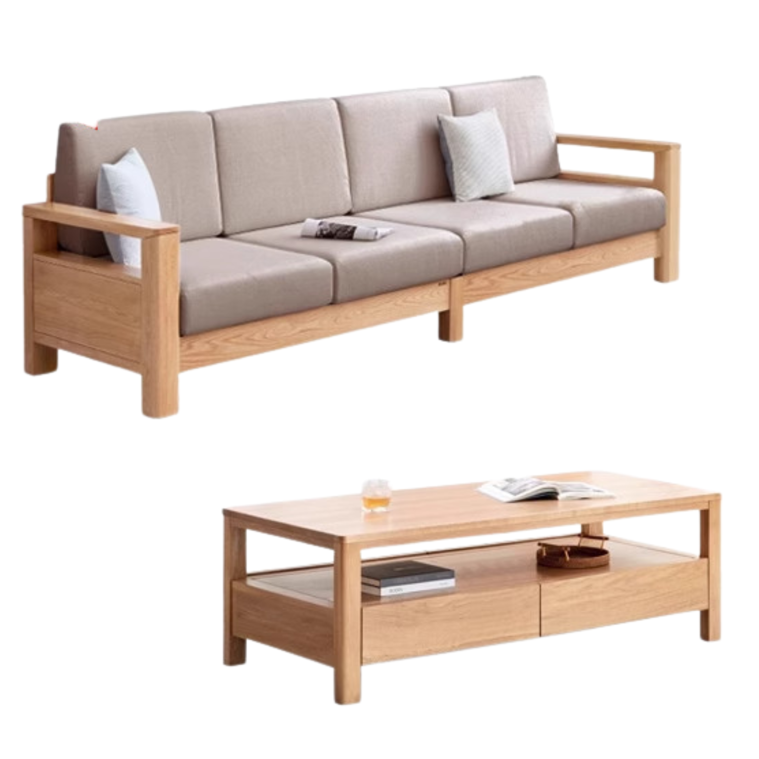 Solid Rubberwood, Oak Solid Wood Cotton Fabric Sofa