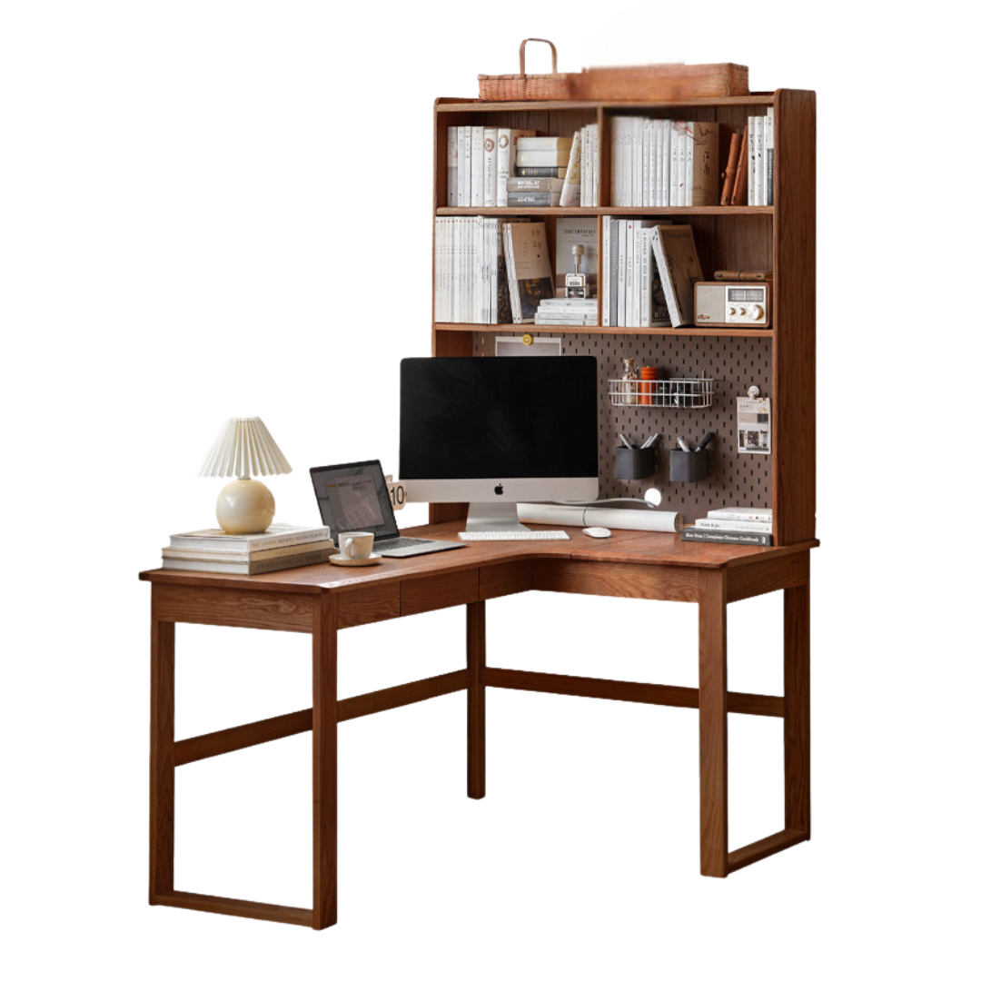 Oak Solid Wood Corner Desk Bookshelf