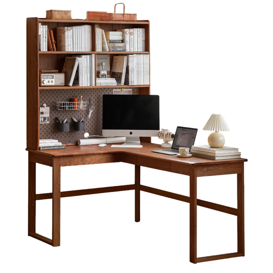 Oak Solid Wood Corner Desk Bookshelf
