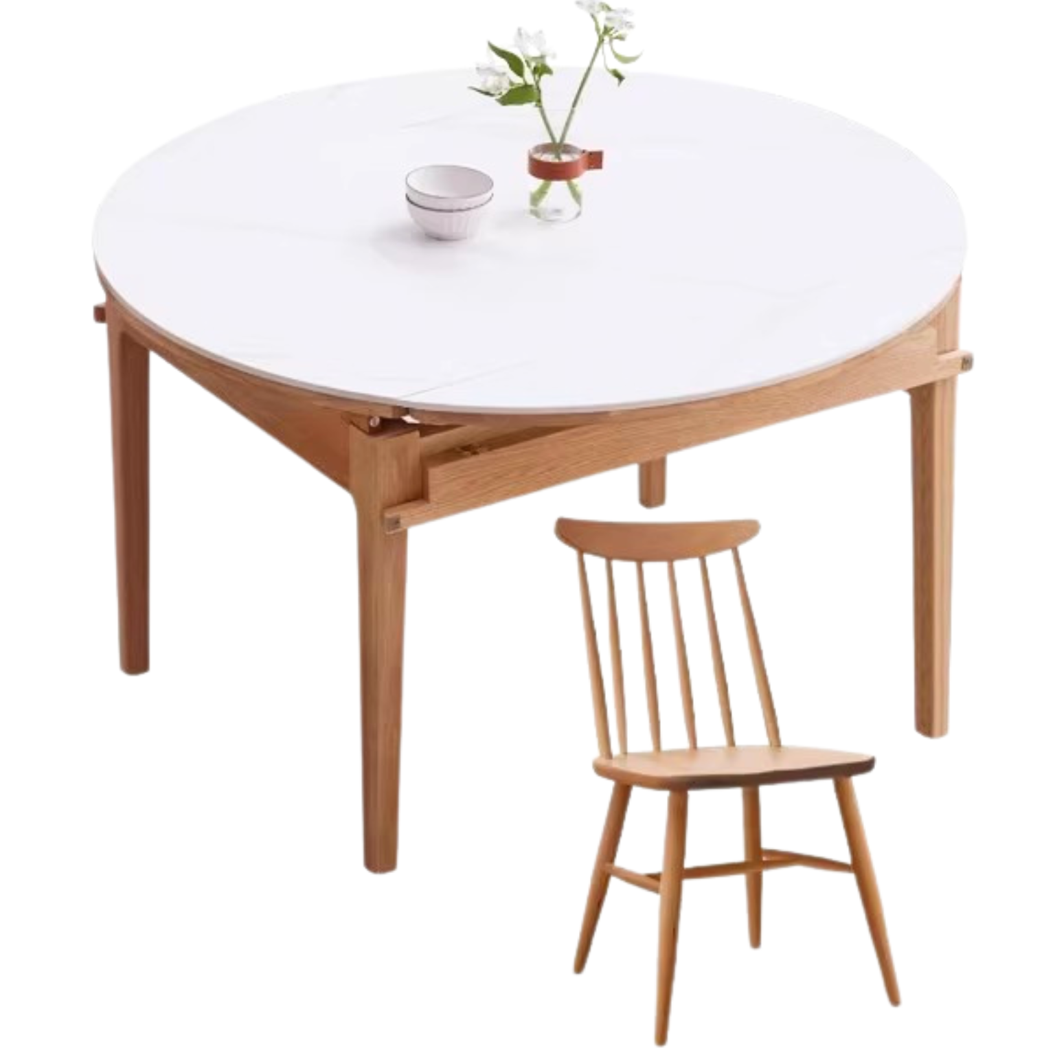 Oak, Solid Rubberwood Round Folding Dining Table With Rock Slab Surface
