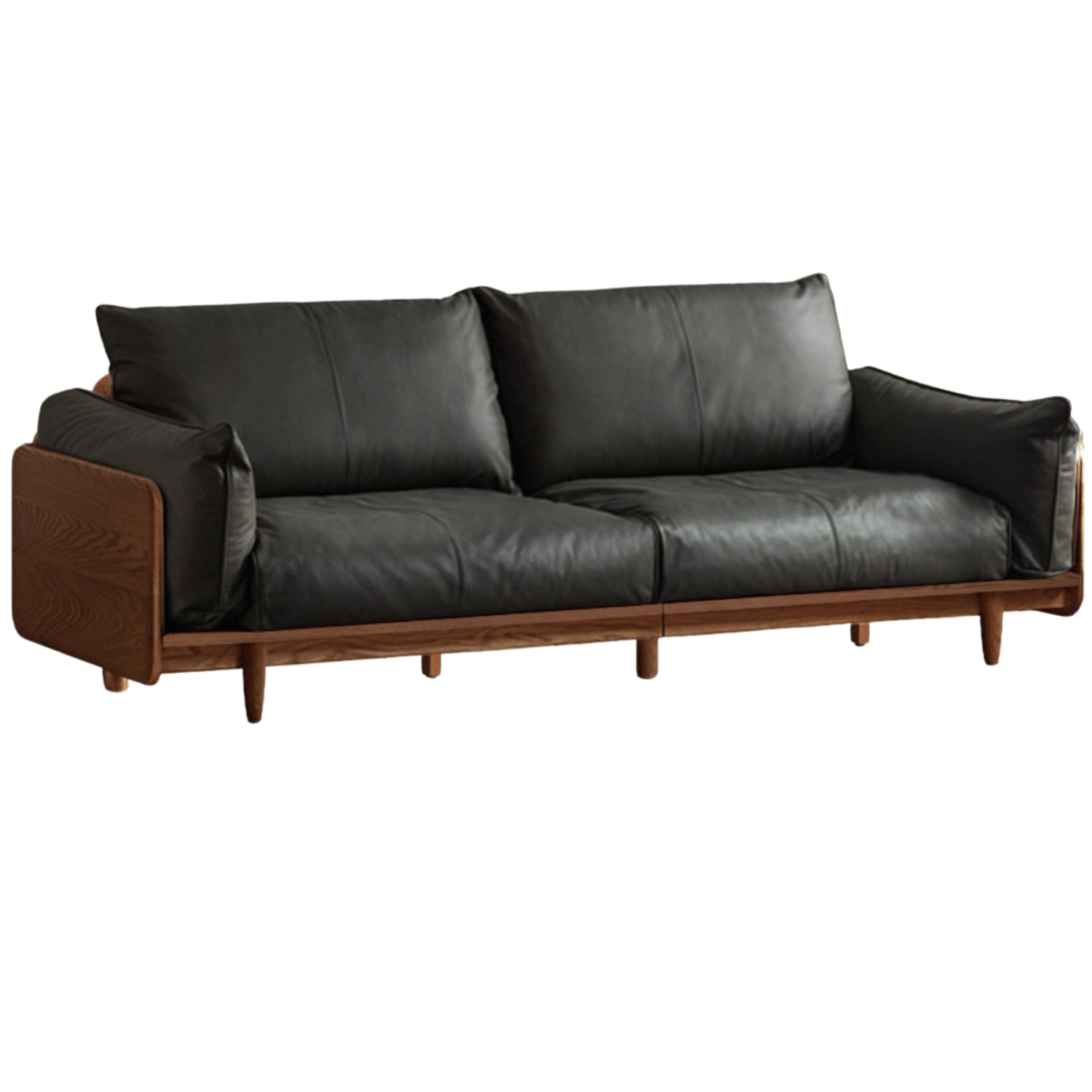 Oak, Ash Solid Wood Sofa with Exposed Wide Arms, High-Back, Genuine leather -fabric