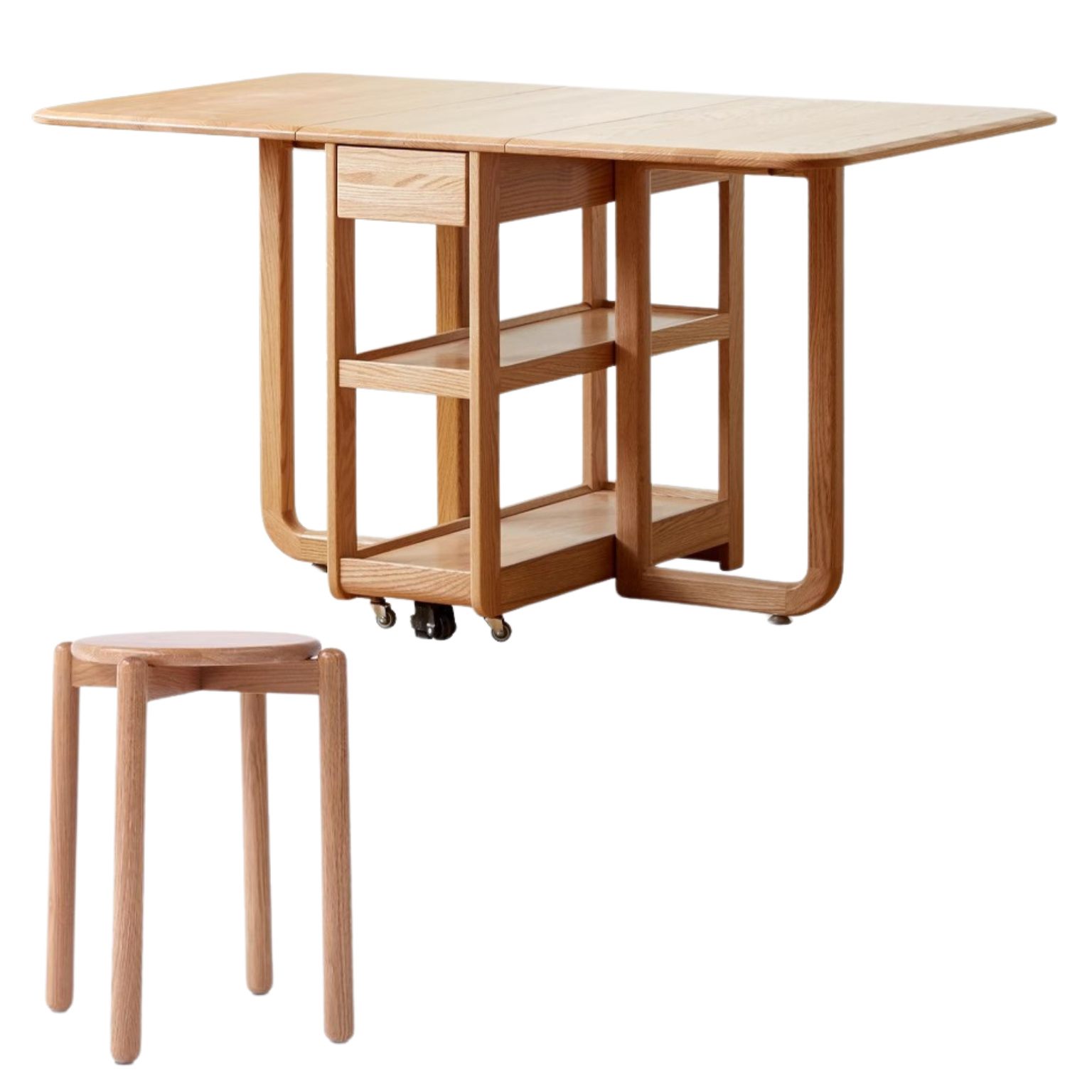 Oak Solid Wood Folding Multi-Functional Storage Telescopic Dining Table