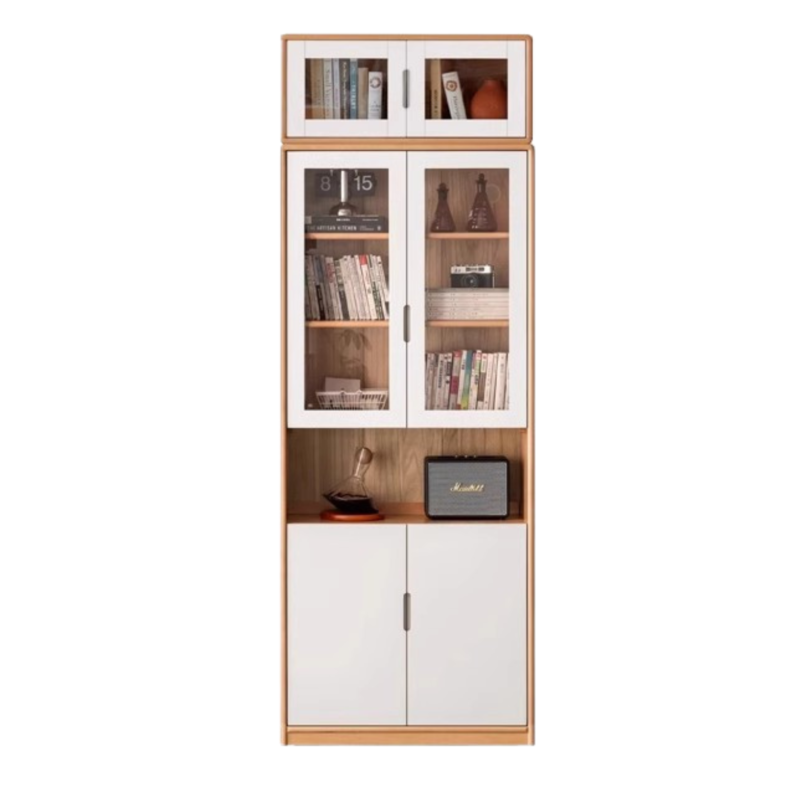 European Beech, Oak Solid Wood Floor-Standing Bookshelf with Glass Door Display