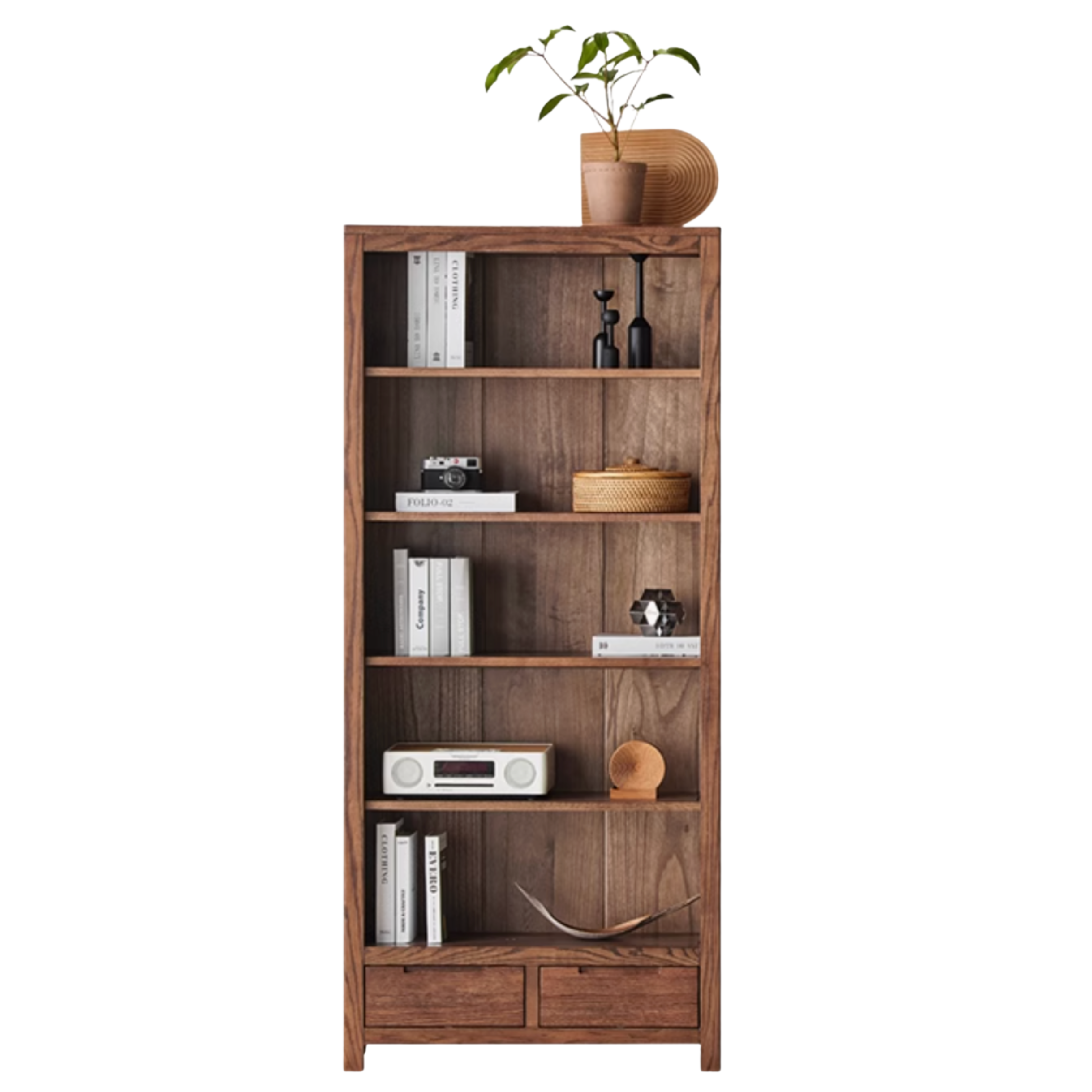 Oak, Rubberwood Solid Wood Drawer Bookcase