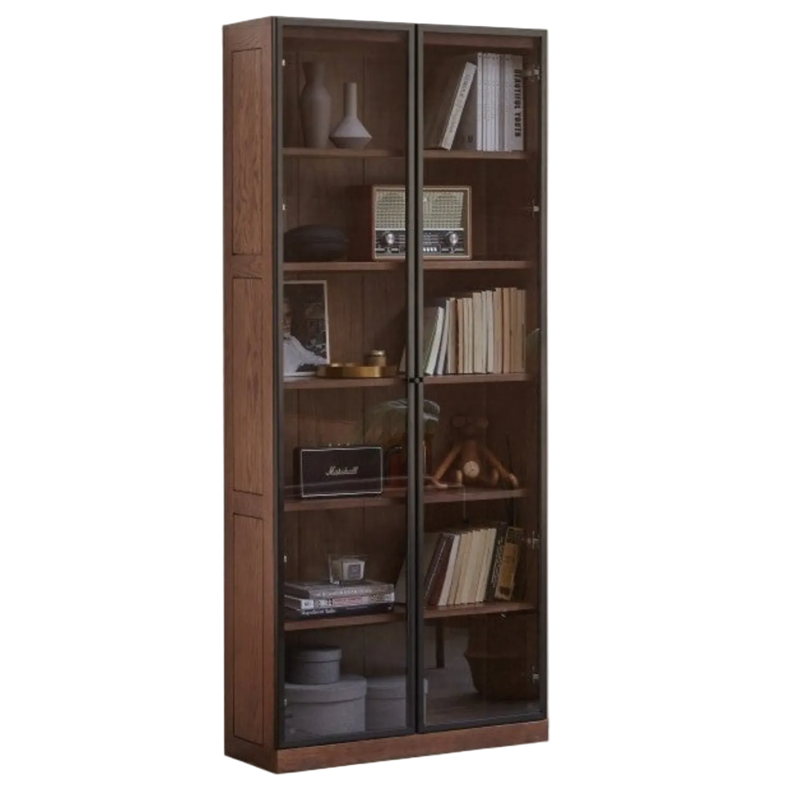 Solid Rubberwood, Oak Solid Wood Bookcase Modern With Glass Door