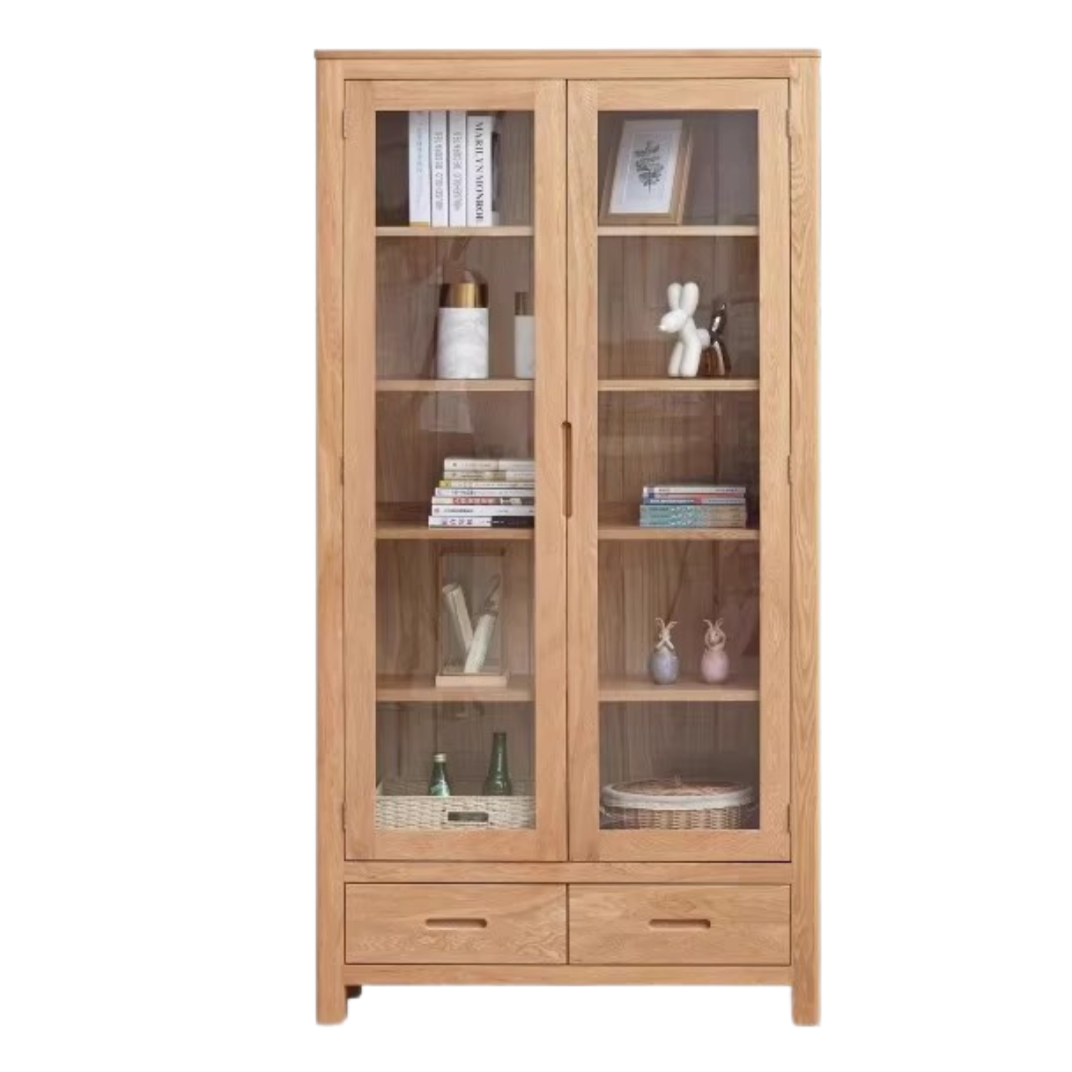 Oak, Solid Rubberwood Modern Bookcase with Glass Door Display Cabinet