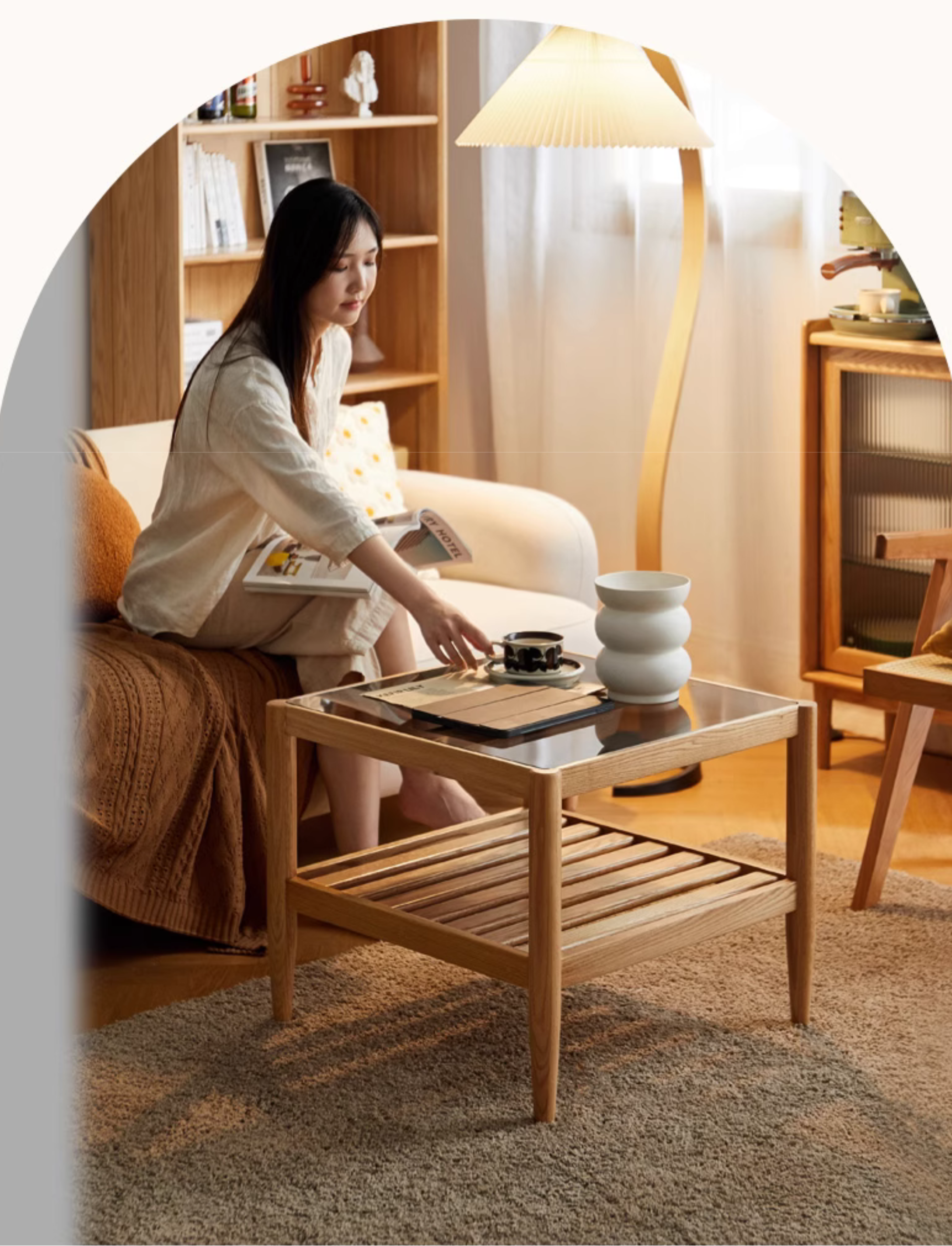 Oak Solid Wood Nordic Glass Coffee Table.