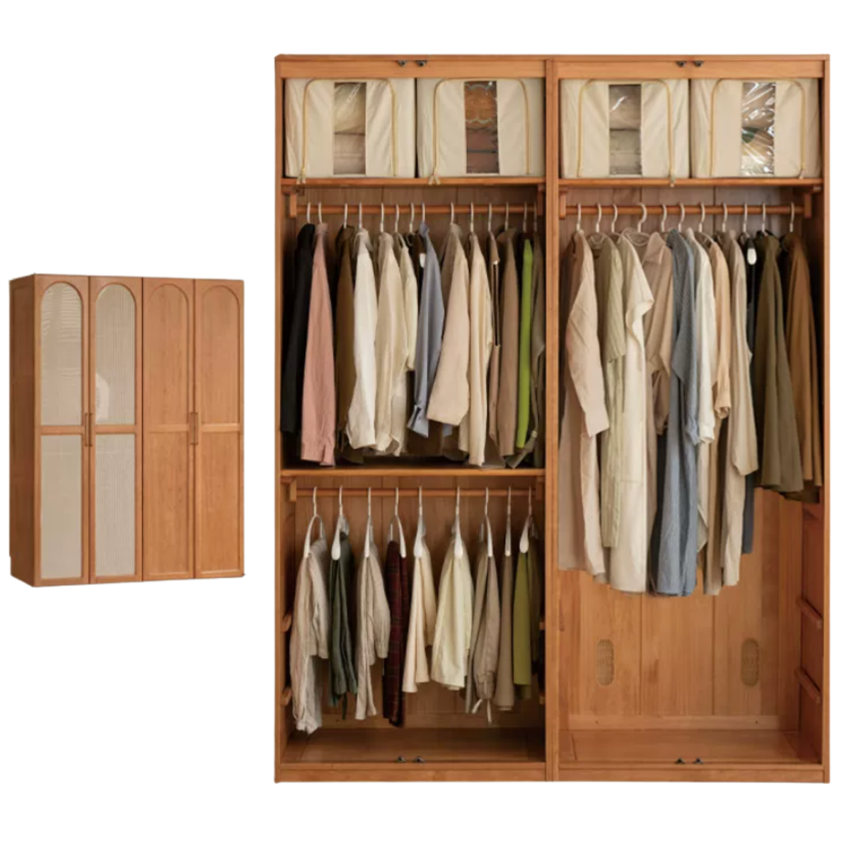 Cherry Solid Wood Wardrobe with Arched Doors and Brass Handles