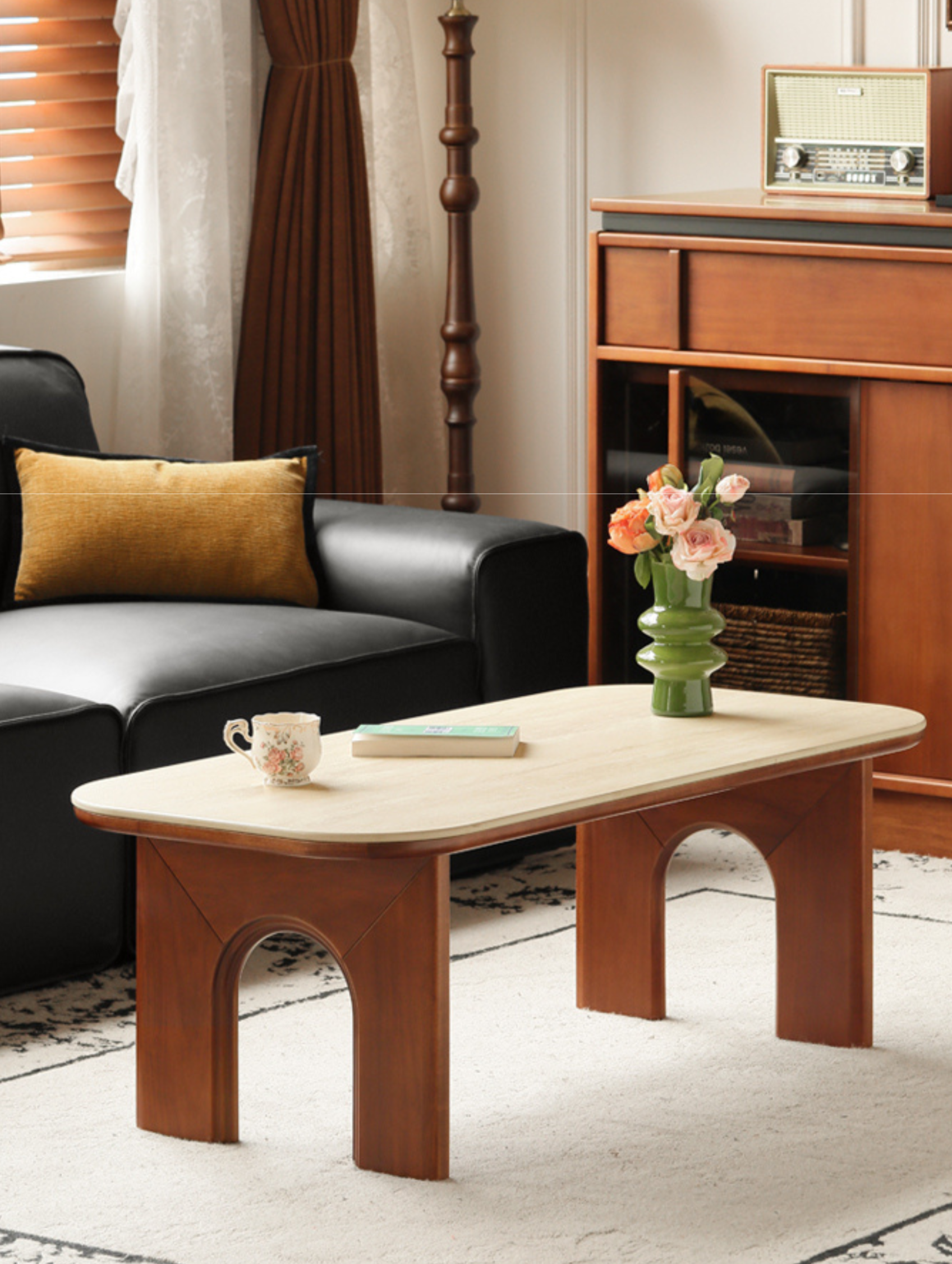 Poplar Solid Wood French Retro Rock Plate Coffee Table.