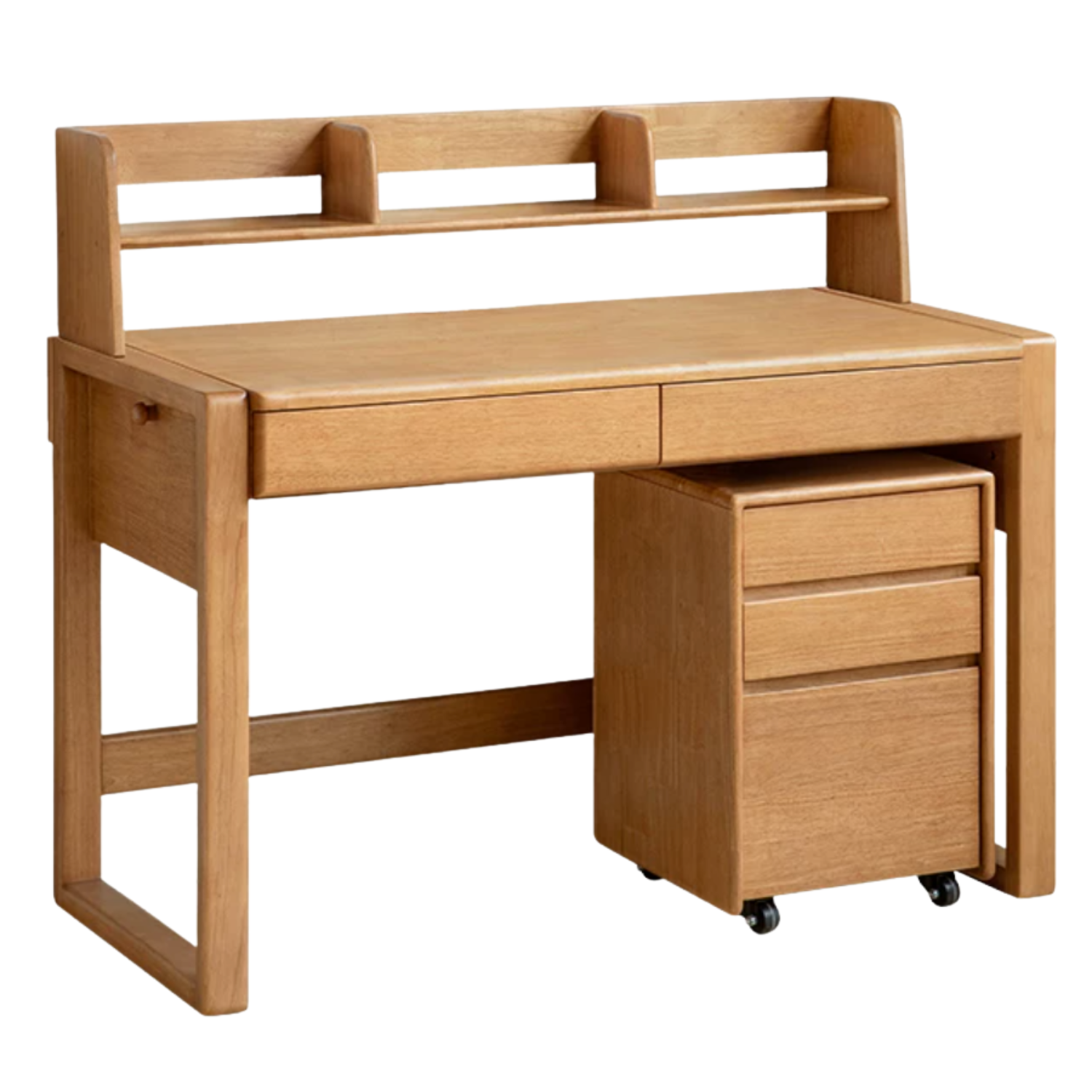 Beech, Solid Rubberwood Adjustable Height Children's Study Desk With Integrated Bookshelf
