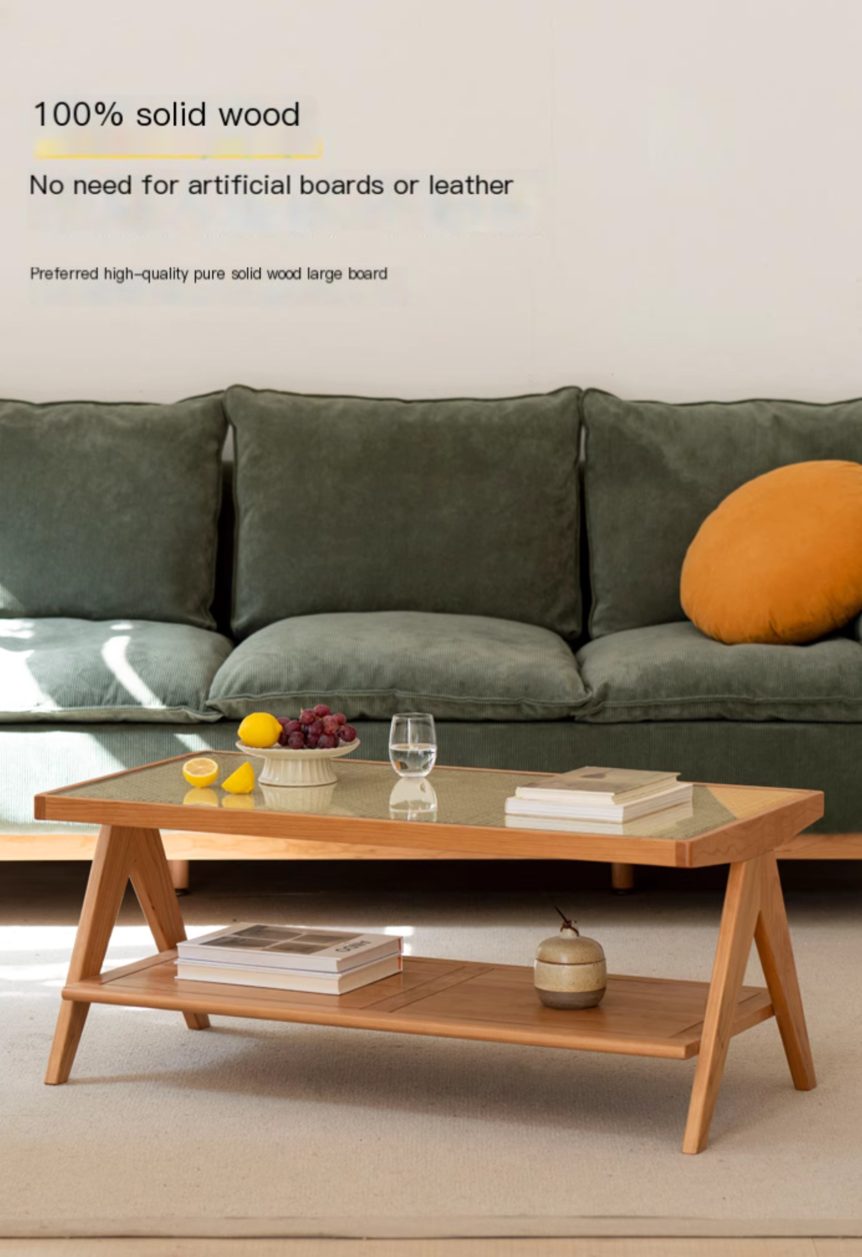 Cherry Solid Wood Modern Rattan Glass Tea Table