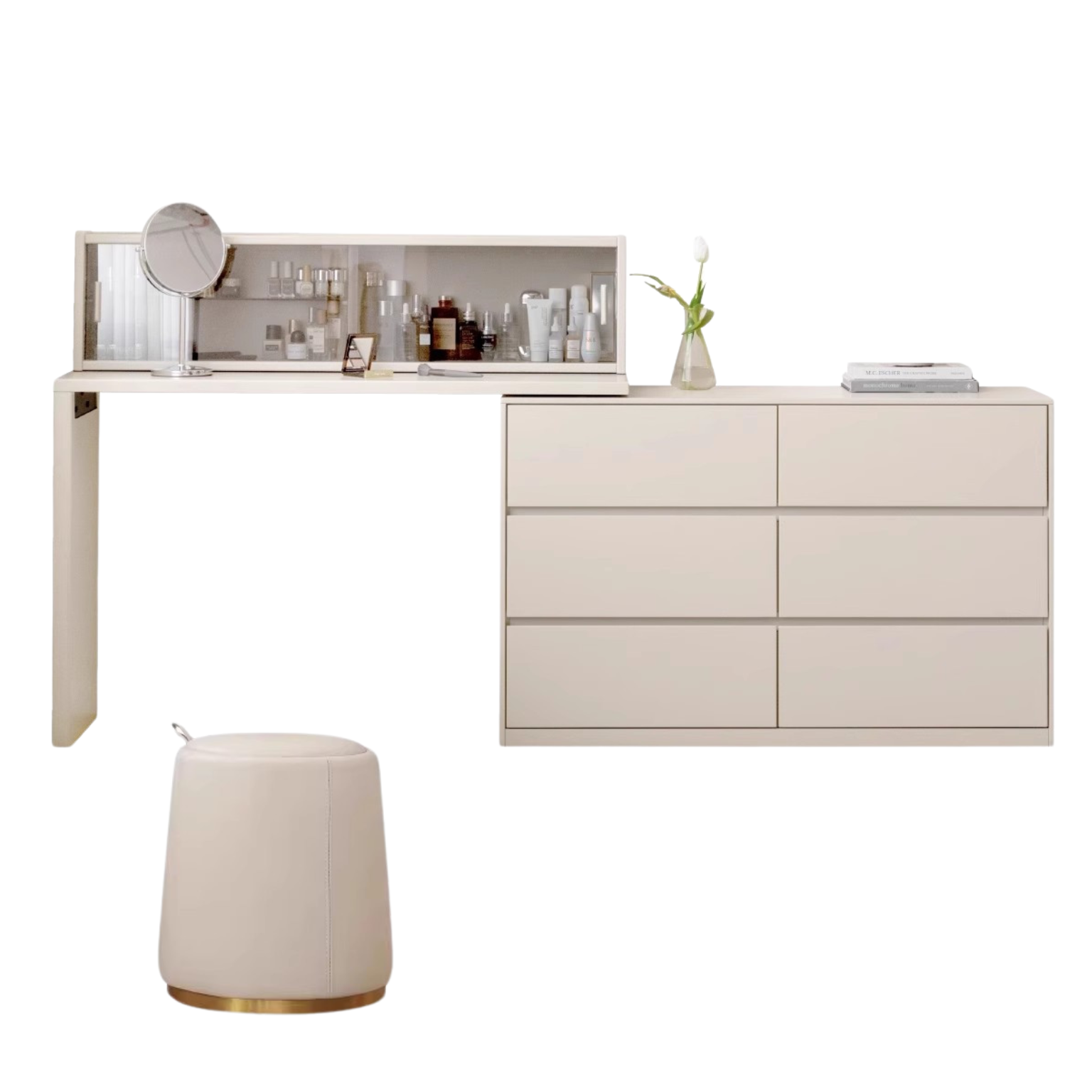 Solid Rubberwood Cream Style Vanity Table Integrated Drawer.