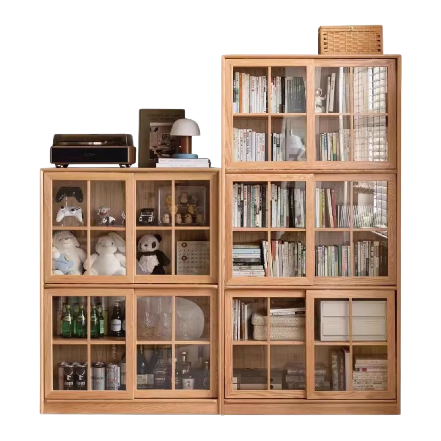 Oak Solid Wood Bookcase Floor to Floor Free Combination Sliding Door