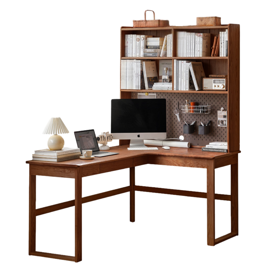 Oak Solid Wood Corner Desk Bookshelf