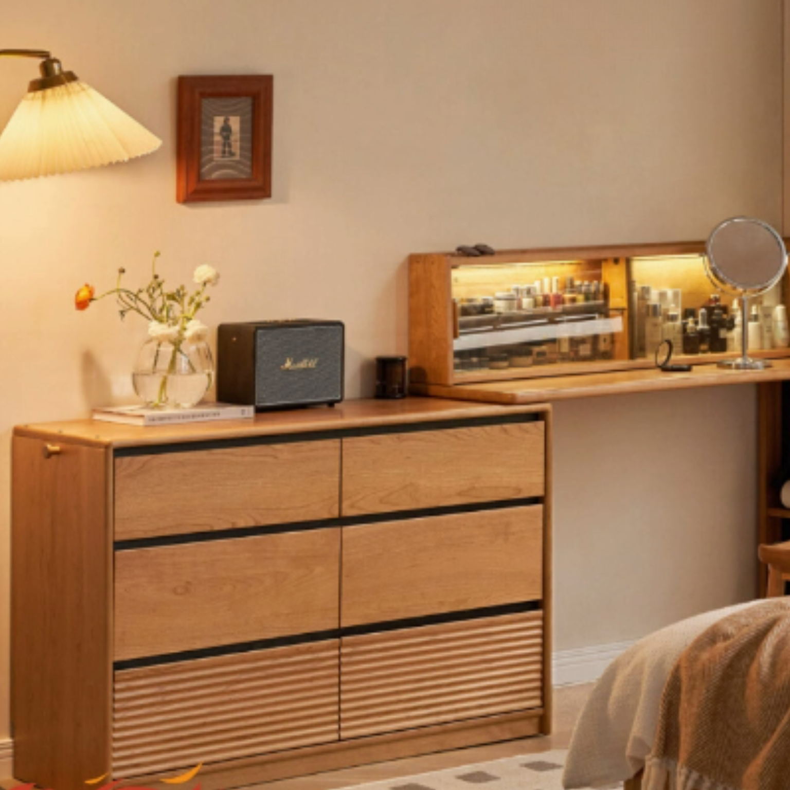 Сherry Solid Wood Retro Corner Dressing Table.